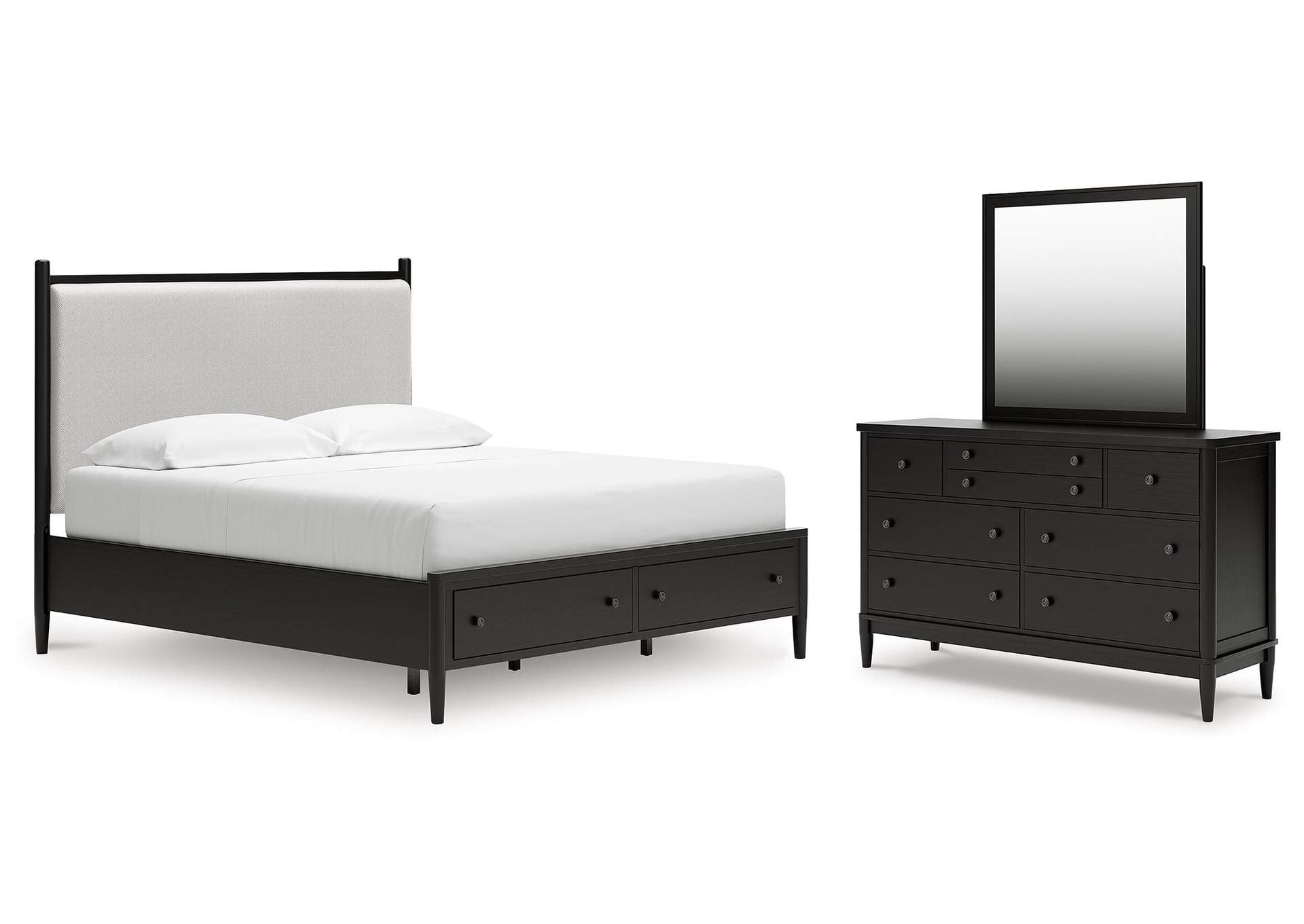 Portdown King Upholstered Panel Storage Bed, Dresser and Mirror image 1