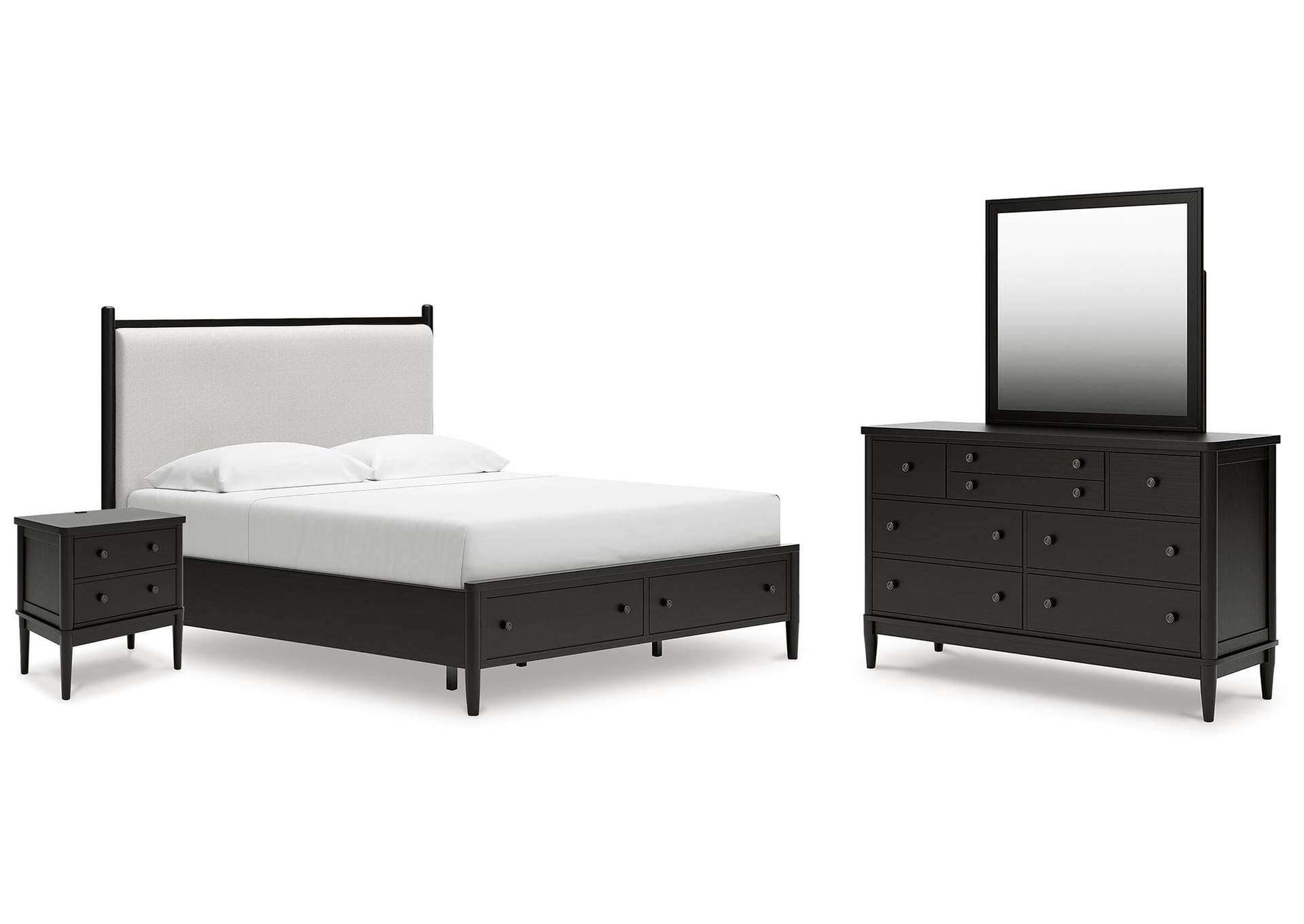 Portdown California King Upholstered Panel Storage Bed, Dresser, Mirror and Nightstand image 1