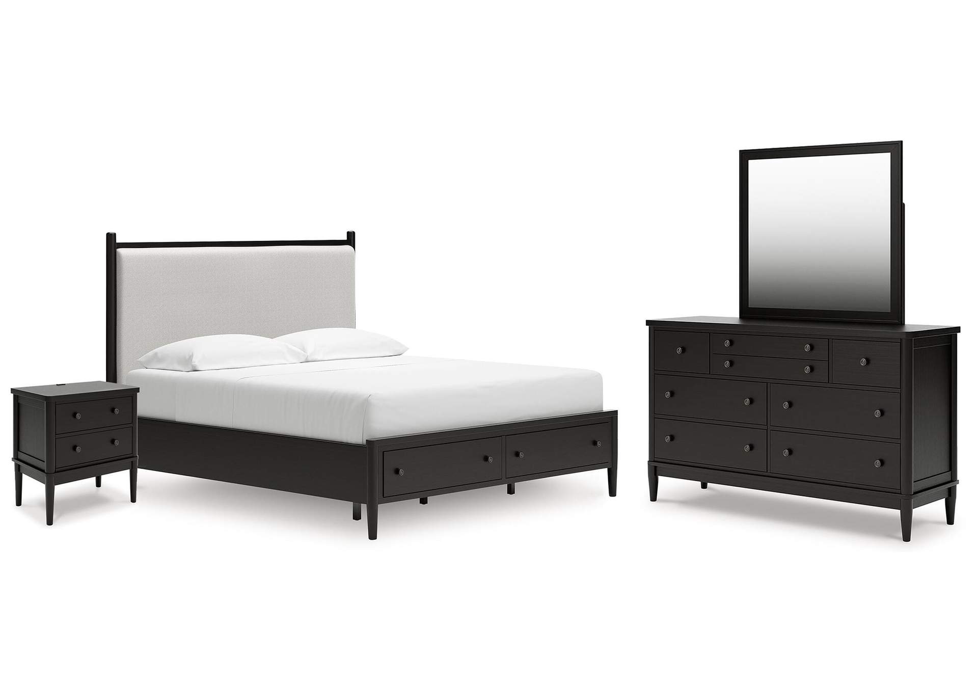 Portdown King Upholstered Panel Storage Bed, Dresser, Mirror and Nightstand image 1