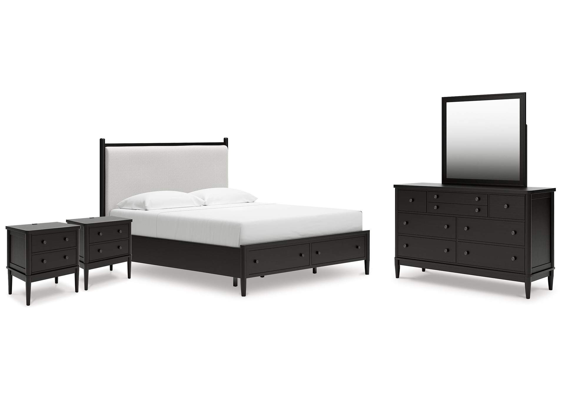 Portdown California King Upholstered Panel Storage Bed, Dresser, Mirror and 2 Nightstands image 1