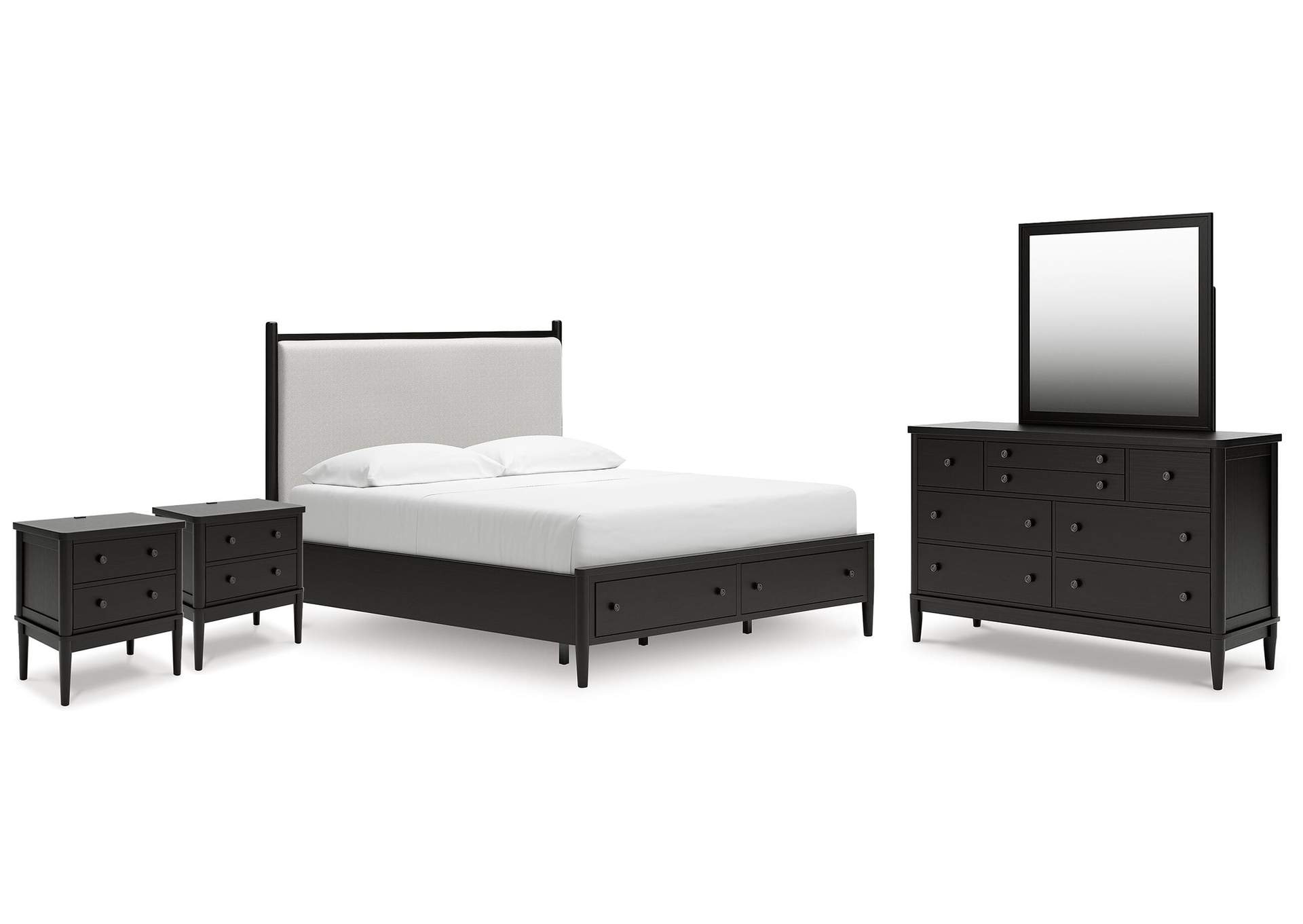 Portdown King Upholstered Panel Storage Bed, Dresser, Mirror and 2 Nightstands image 1