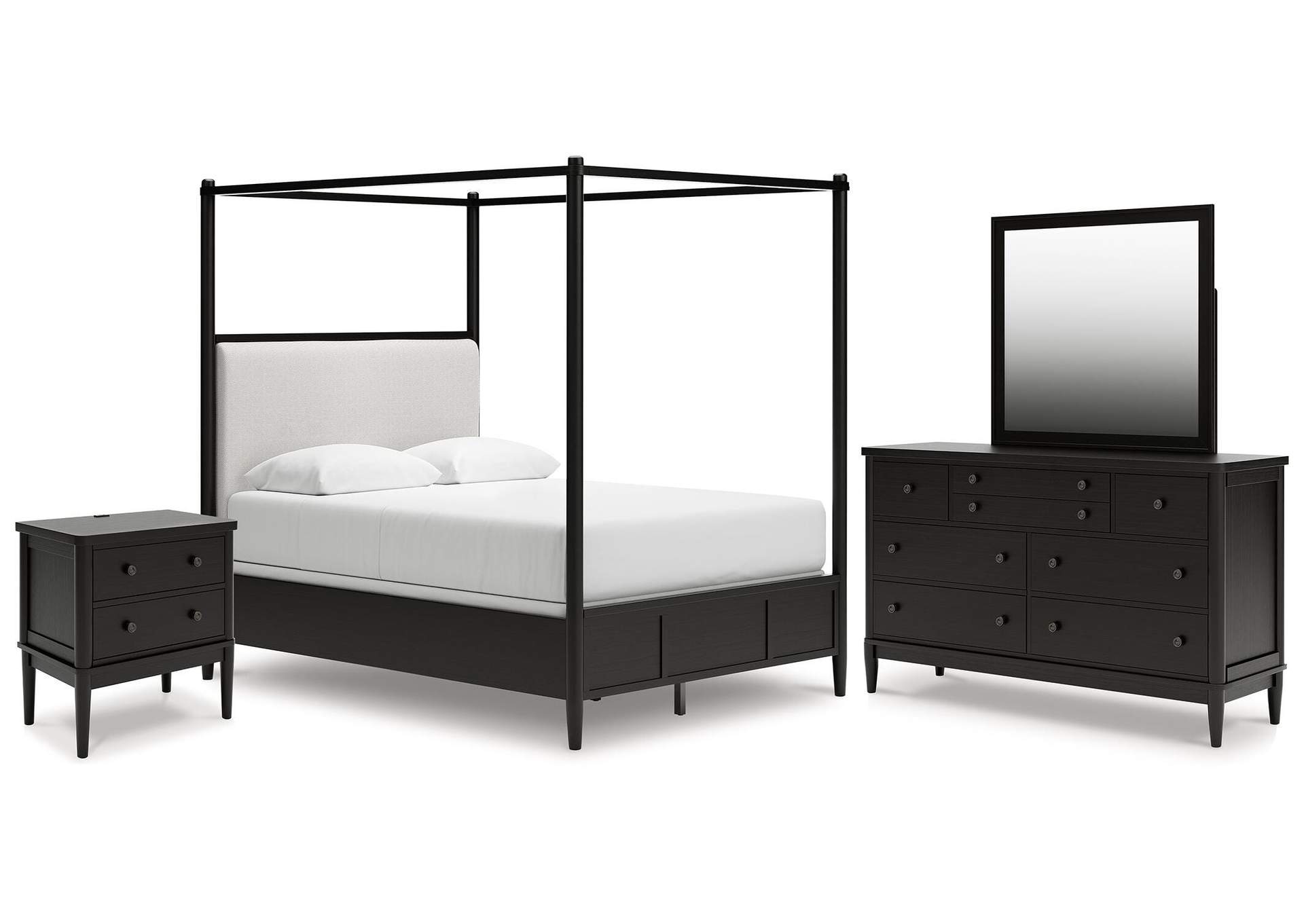 Portdown Queen Upholstered Canopy Bed, Dresser, Mirror and Nightstand image 1