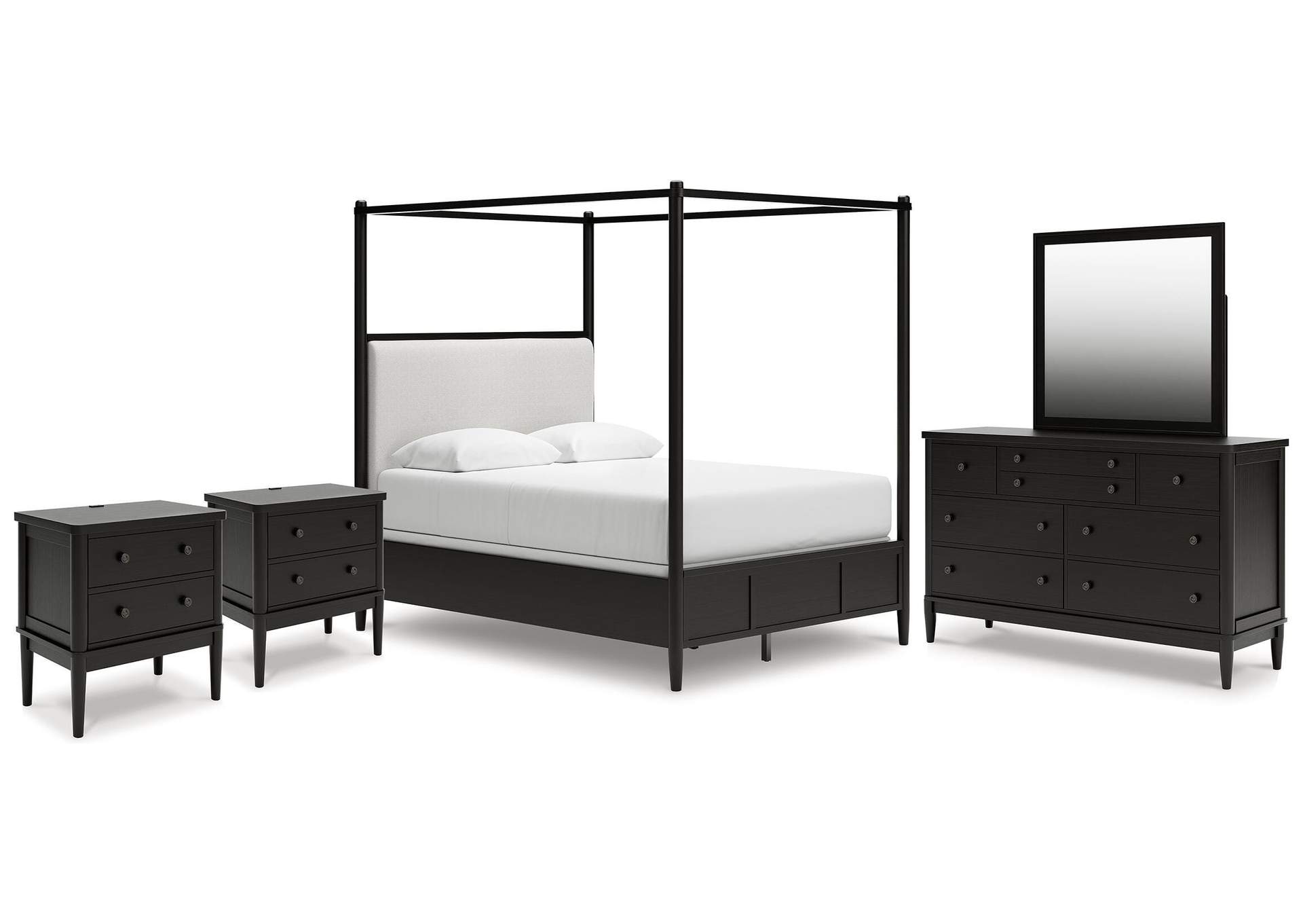 Portdown Queen Upholstered Canopy Bed, Dresser, Mirror and 2 Nightstands image 1