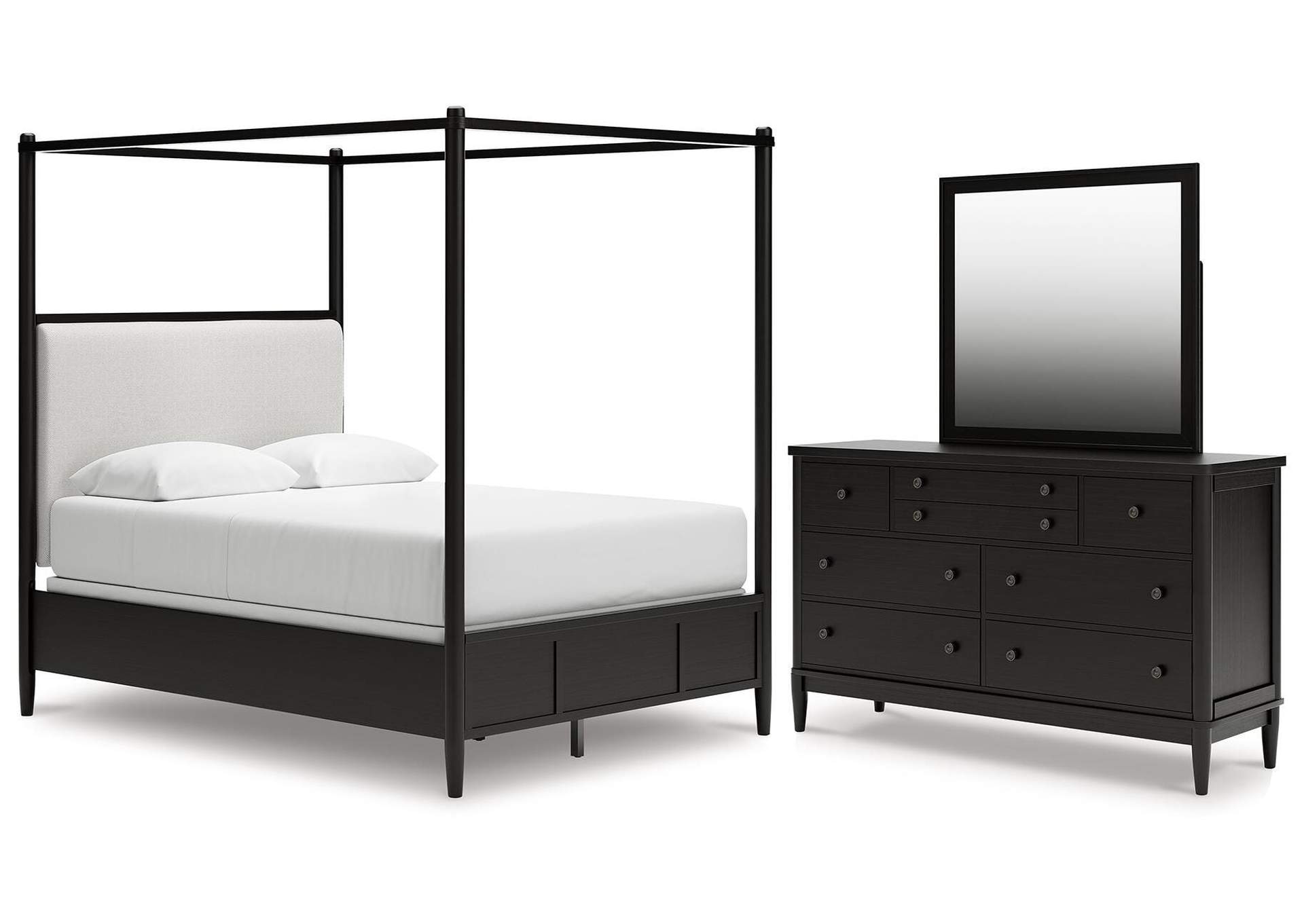 Portdown Queen Upholstered Canopy Bed, Dresser and Mirror image 1