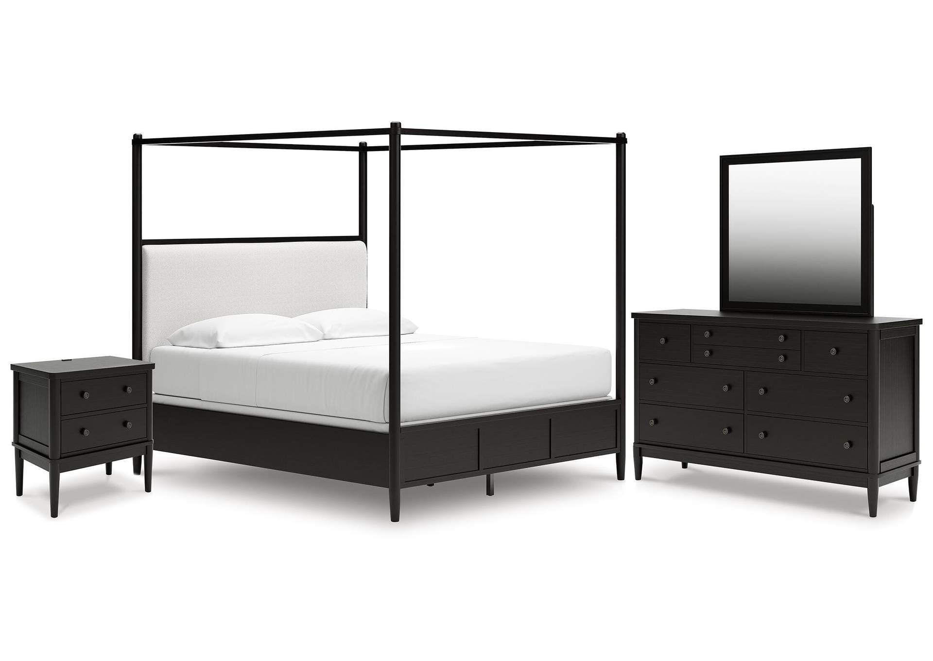 Portdown California King Upholstered Canopy Bed, Dresser, Mirror and Nightstand image 1