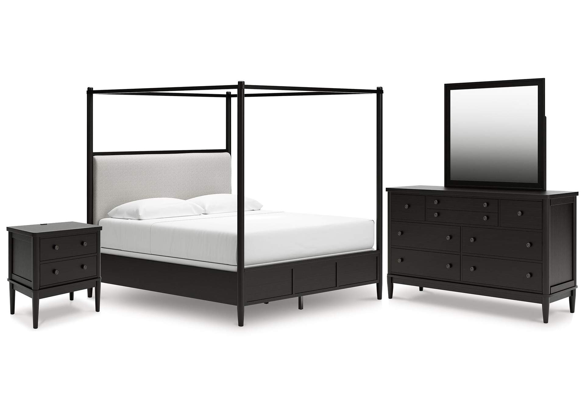Portdown King Upholstered Canopy Bed, Dresser, Mirror and Nightstand image 1