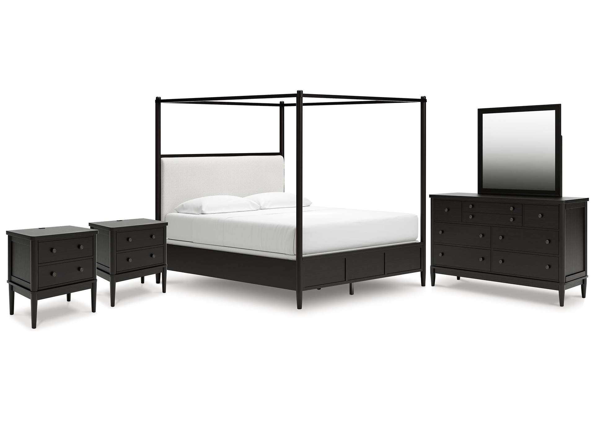 Portdown California King Upholstered Canopy Bed, Dresser, Mirror and 2 Nightstands image 1