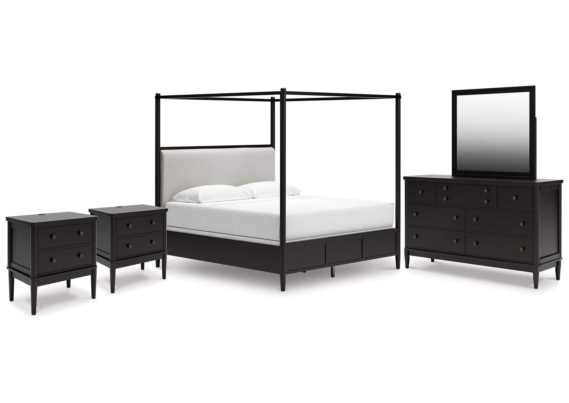Portdown King Upholstered Canopy Bed, Dresser, Mirror and 2 Nightstands image 1