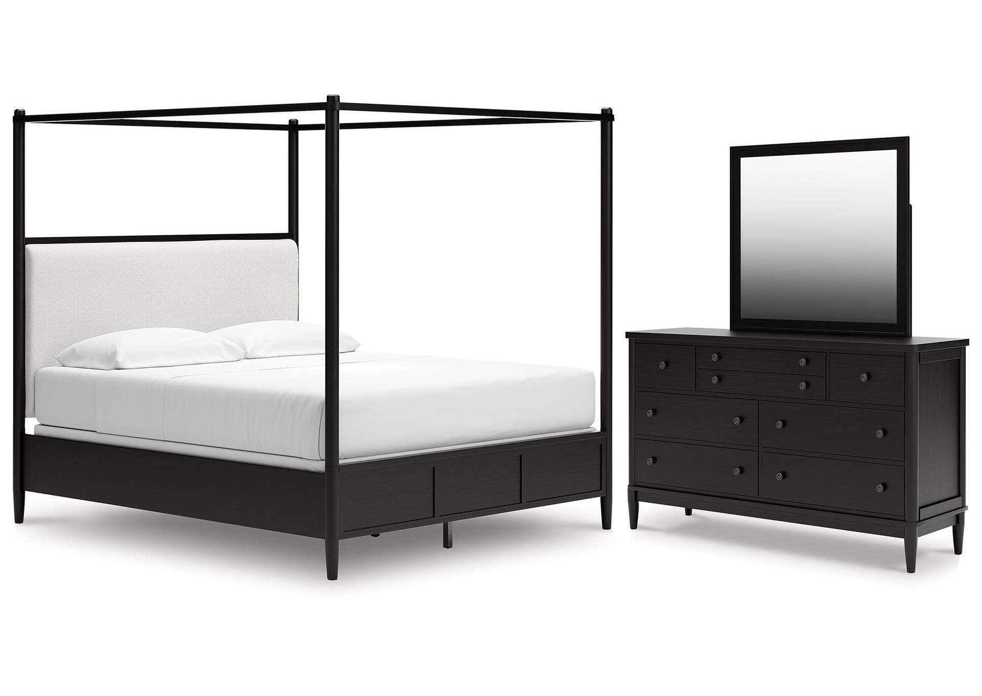 Portdown California King Upholstered Canopy Bed, Dresser and Mirror image 1