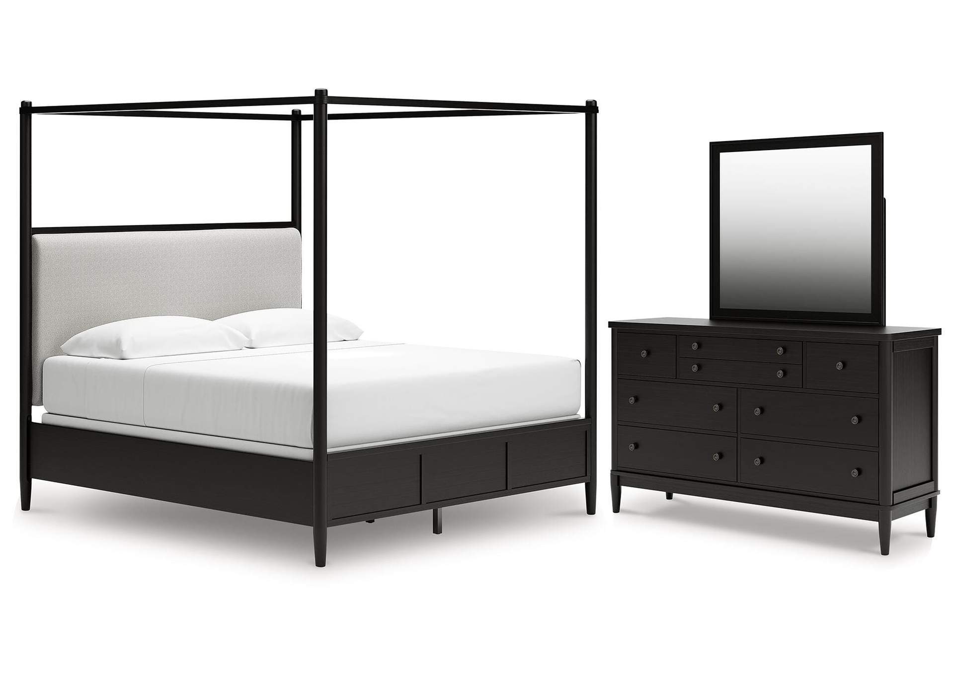 Portdown King Upholstered Canopy Bed, Dresser and Mirror