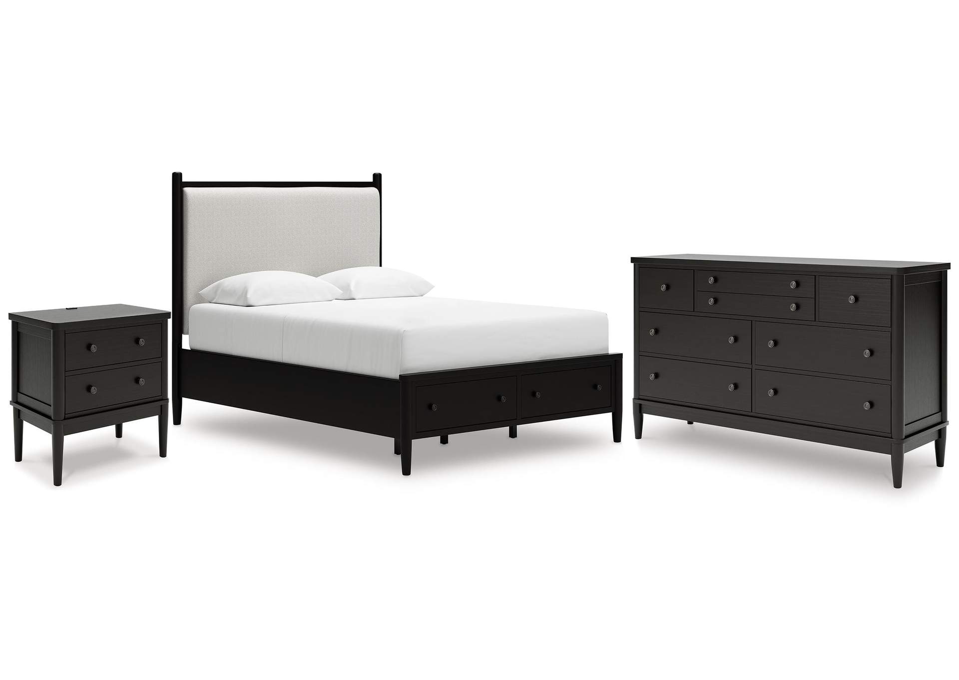 Portdown Queen Upholstered Panel Storage Bed, Dresser and Nightstand image 1