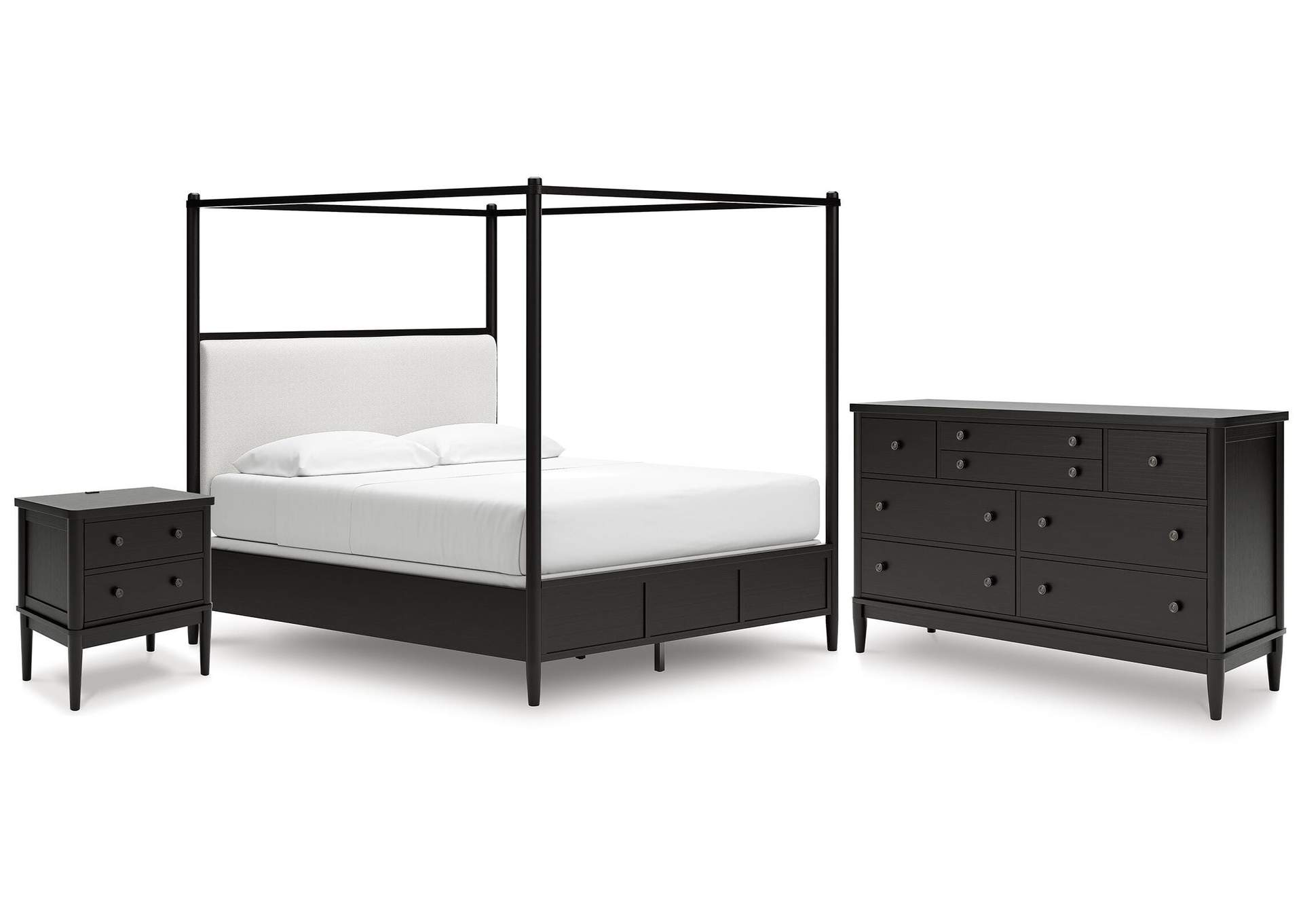 Portdown California King Upholstered Canopy Bed, Dresser and Nightstand image 1