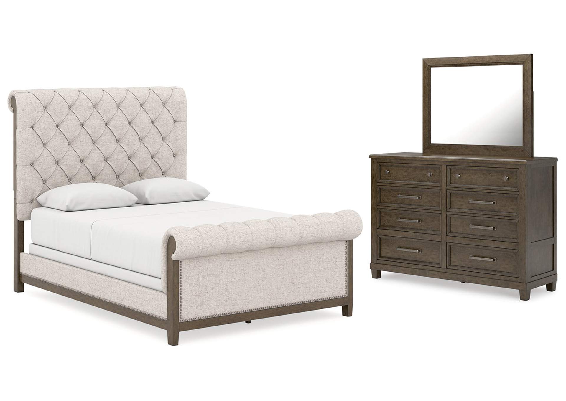 Hillcott Queen Upholstered Bed with Mirrored Dresser image 1