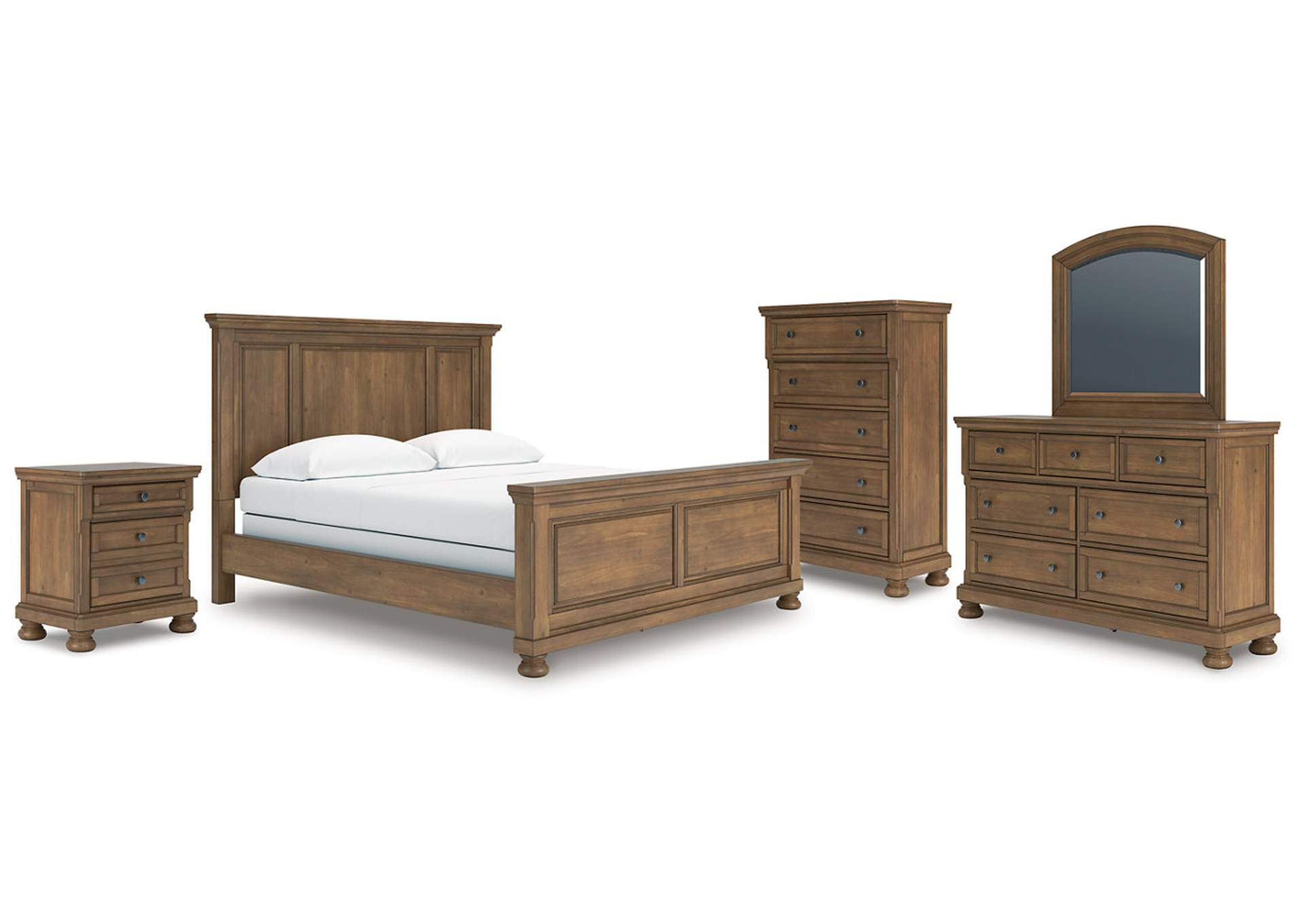 Vandenmore California King Panel Bed with Mirrored Dresser, Chest and Nightstand image 1