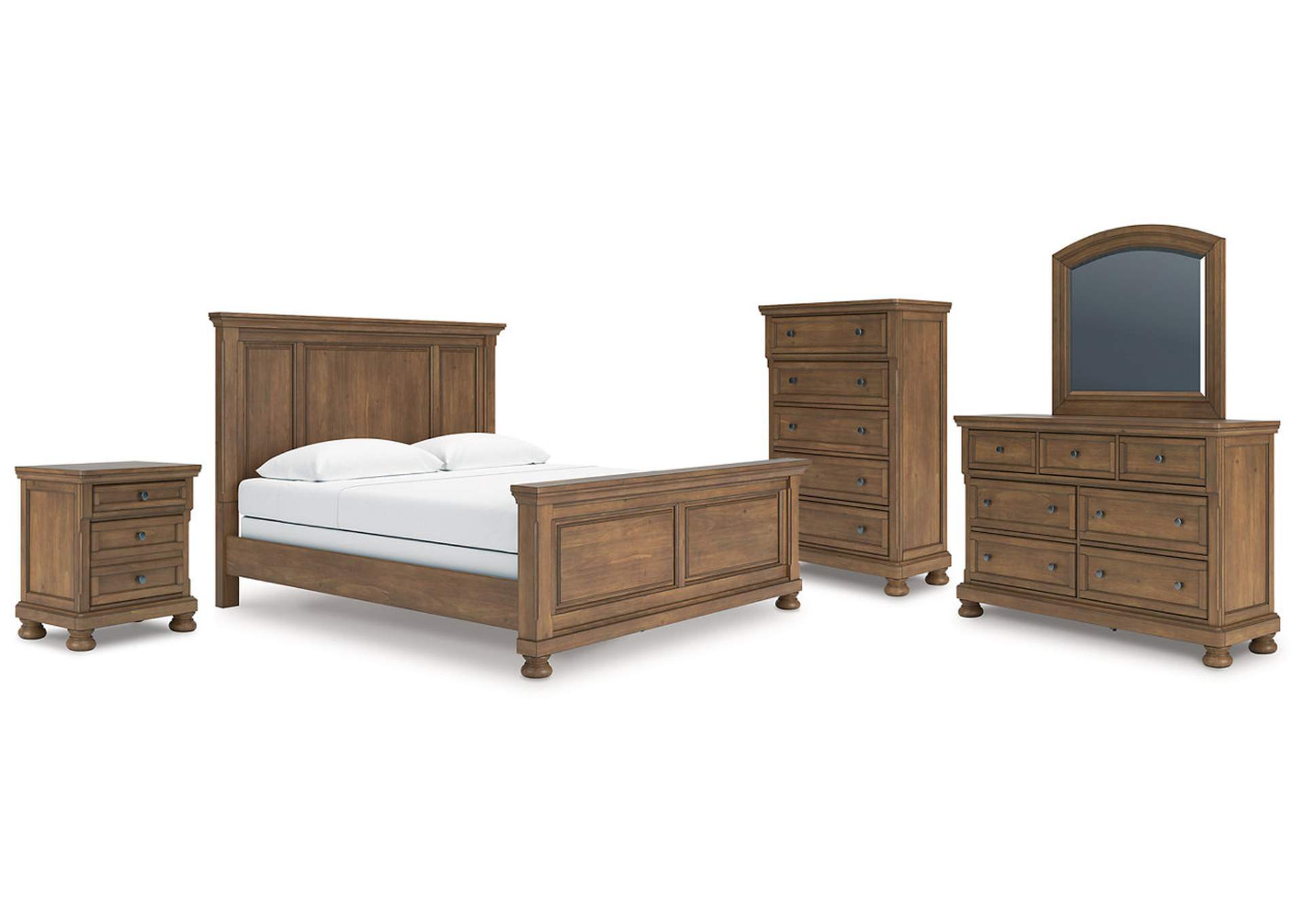 Vandenmore King Panel Bed with Mirrored Dresser, Chest and Nightstand image 1