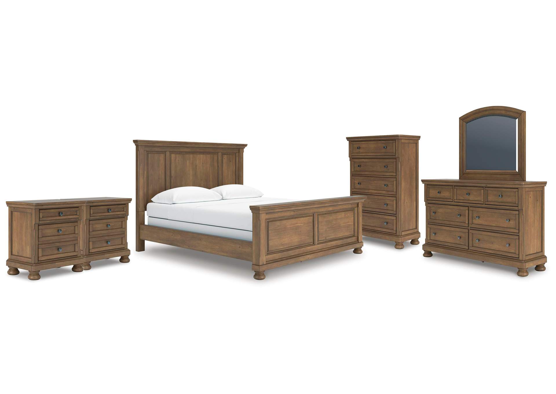 Vandenmore California King Panel Bed with Mirrored Dresser, Chest and 2 Nightstands image 1