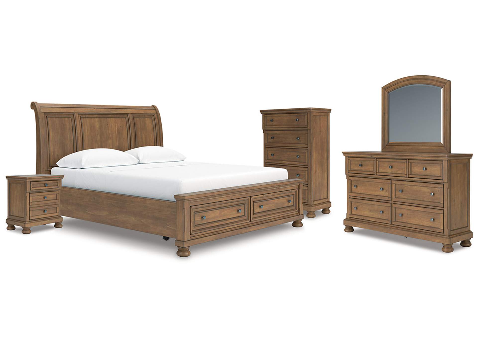 Vandenmore California King Storage Sleigh Bed with Mirrored Dresser, Chest and Nightstand image 1