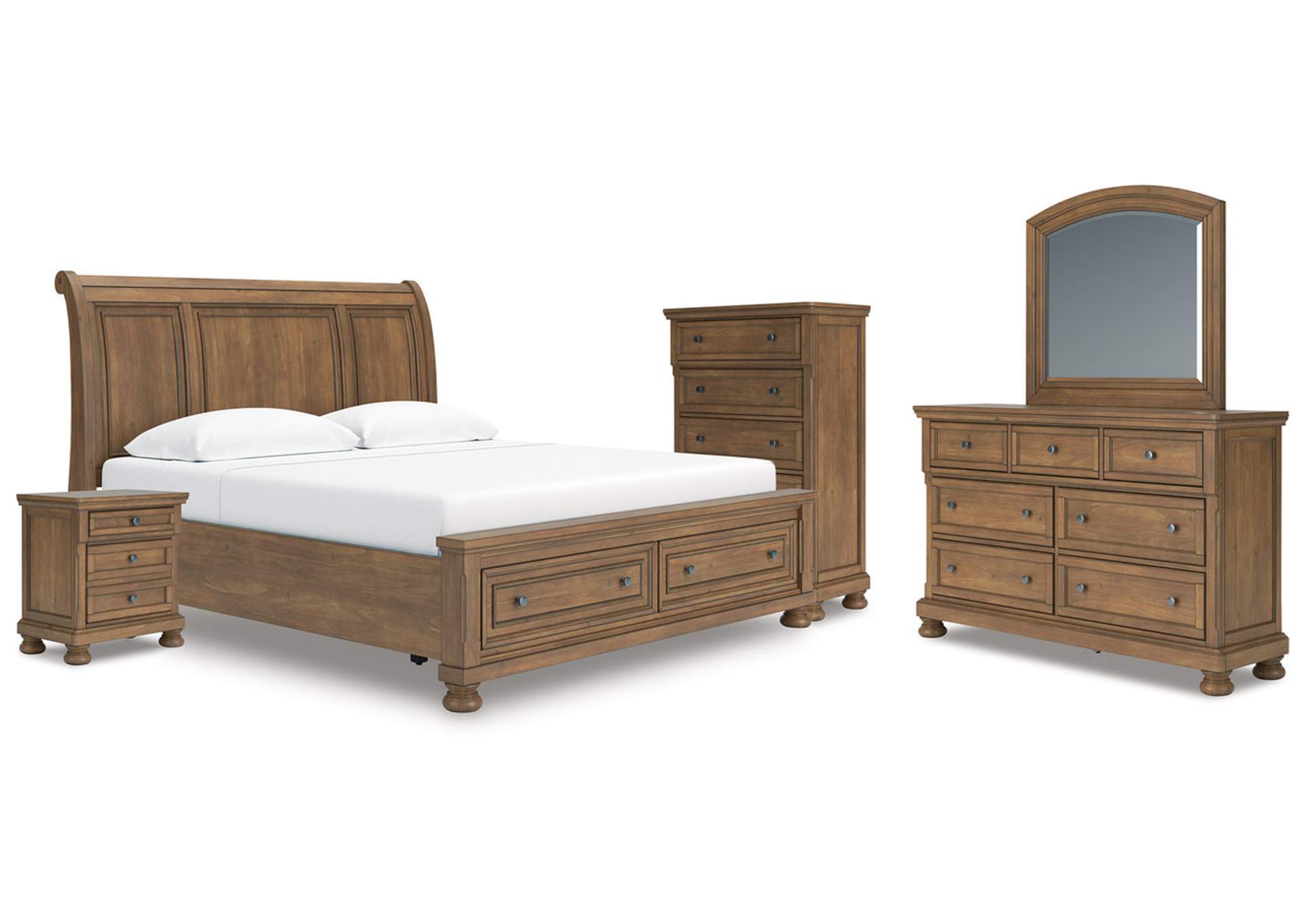 Vandenmore King Storage Sleigh Bed with Mirrored Dresser, Chest and Nightstand image 1