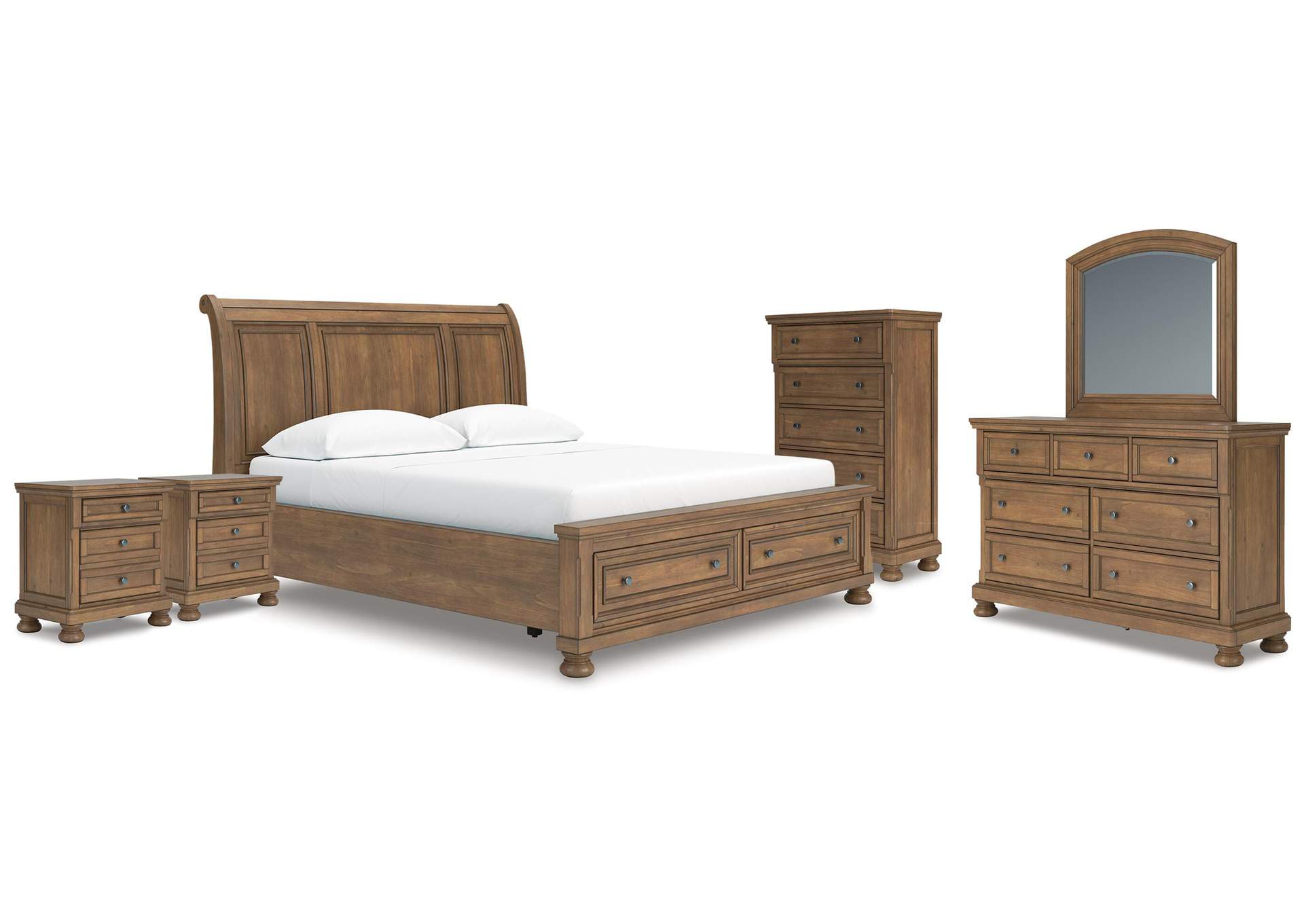 Vandenmore California King Storage Sleigh Bed with Mirrored Dresser, Chest and 2 Nightstands image 1