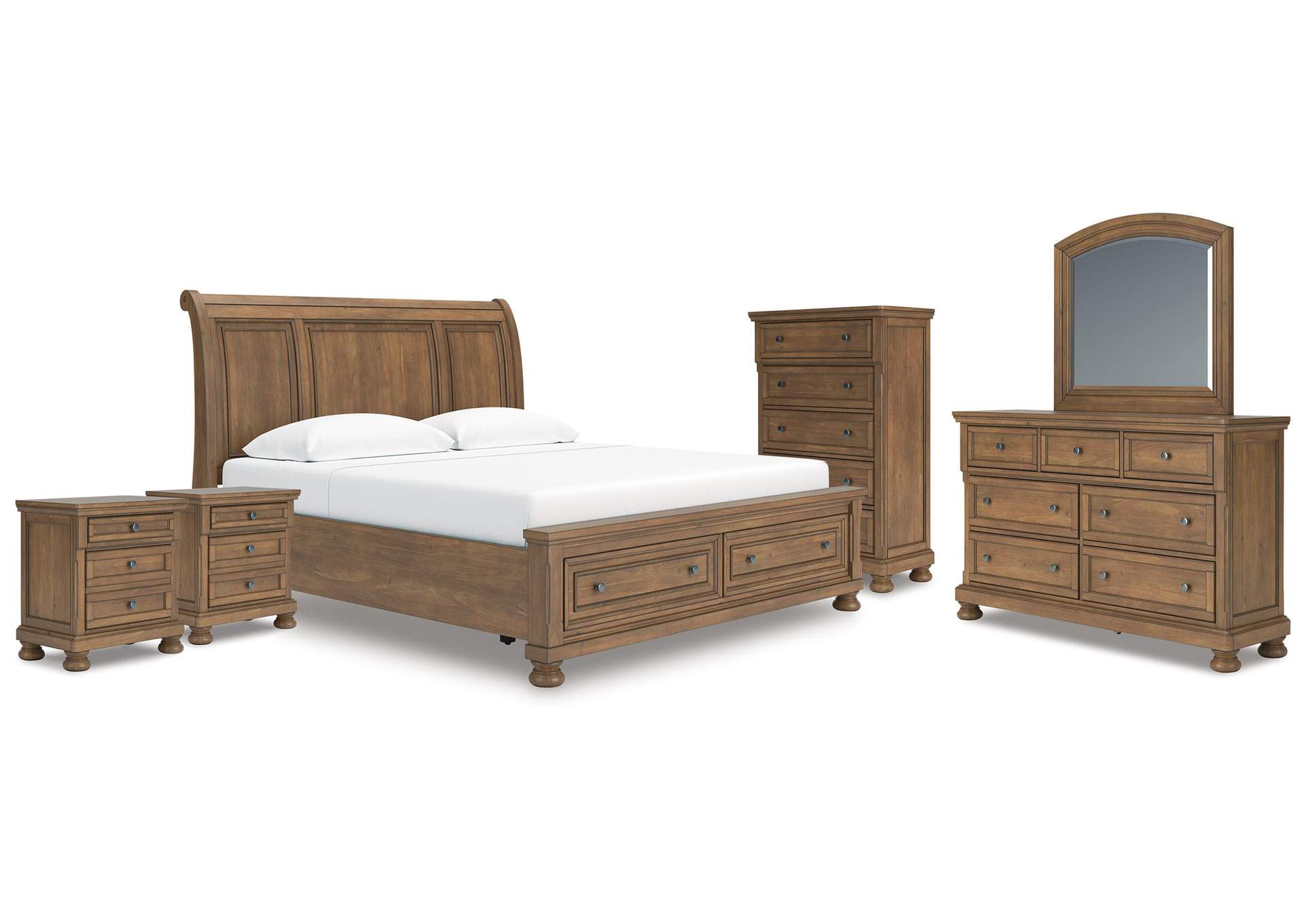 Vandenmore King Storage Sleigh Bed with Mirrored Dresser, Chest and 2 Nightstands image 1