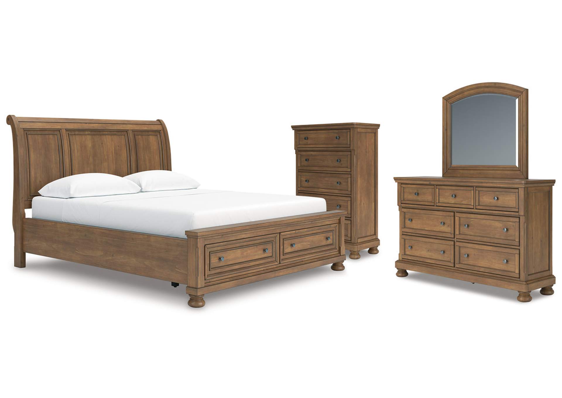 Vandenmore California King Storage Sleigh Bed with Mirrored Dresser and Chest image 1