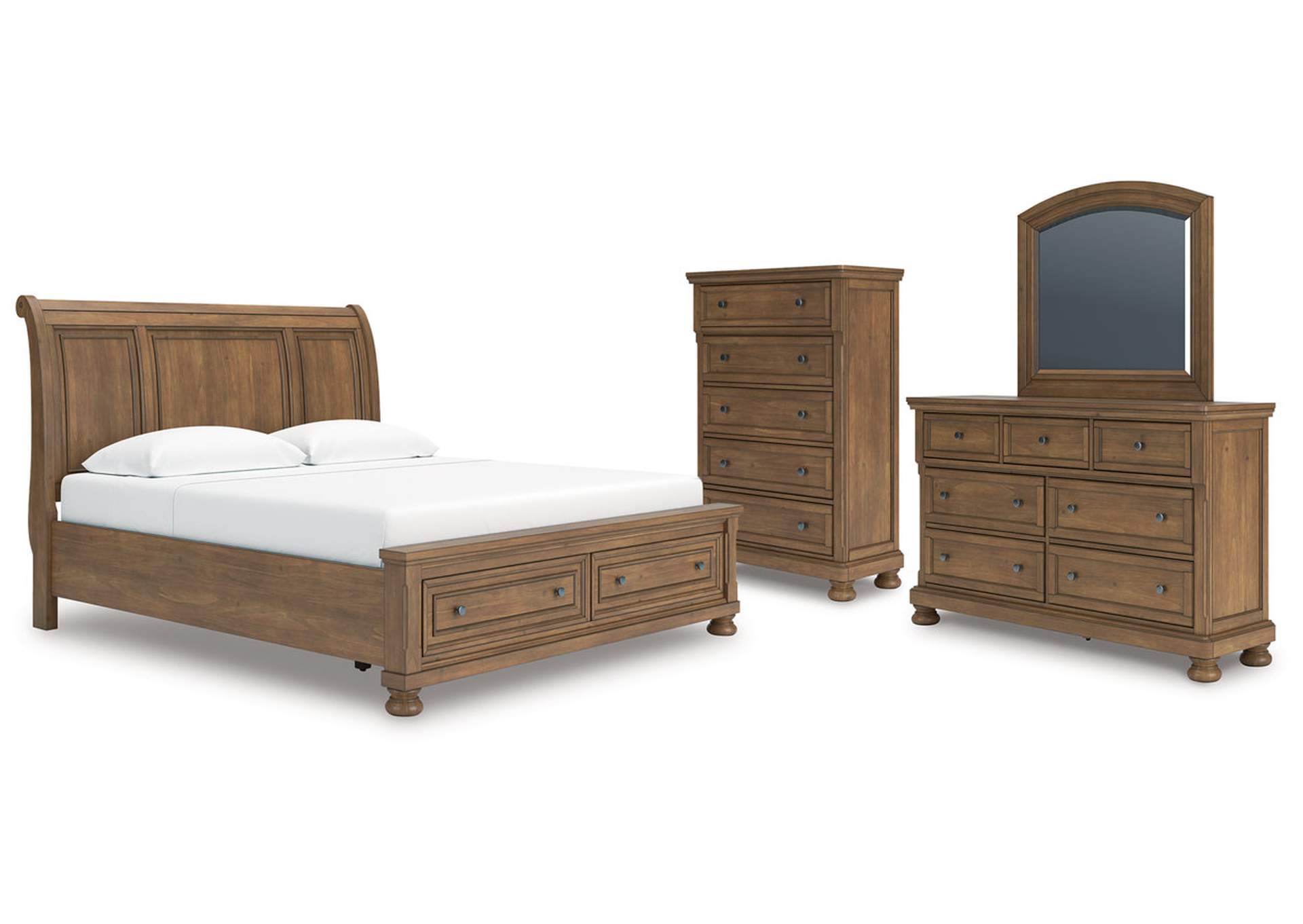 Vandenmore King Storage Sleigh Bed with Mirrored Dresser and Chest image 1