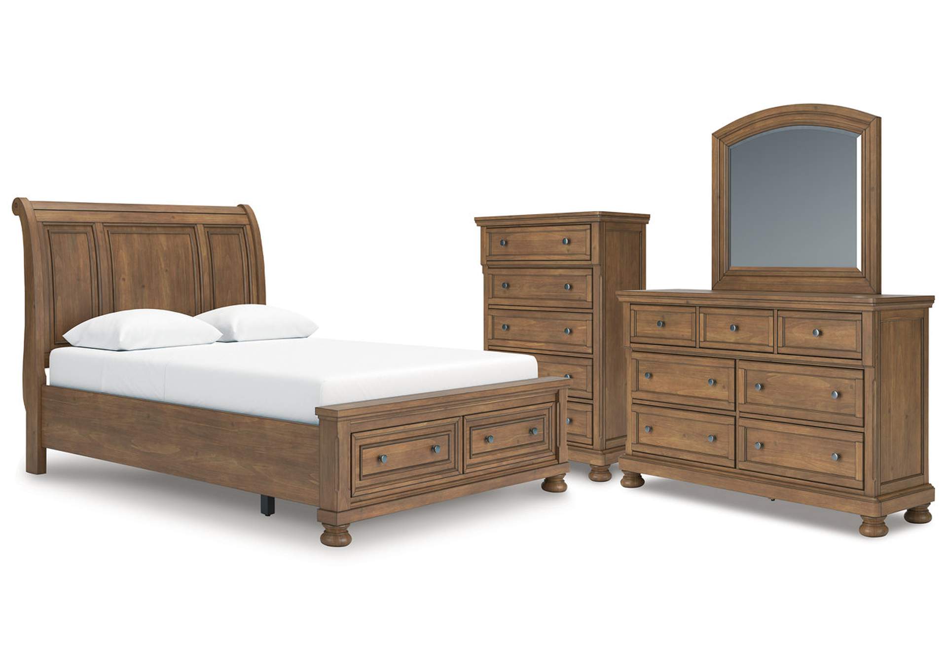 Vandenmore Queen Storage Sleigh Bed with Mirrored Dresser and Chest image 1