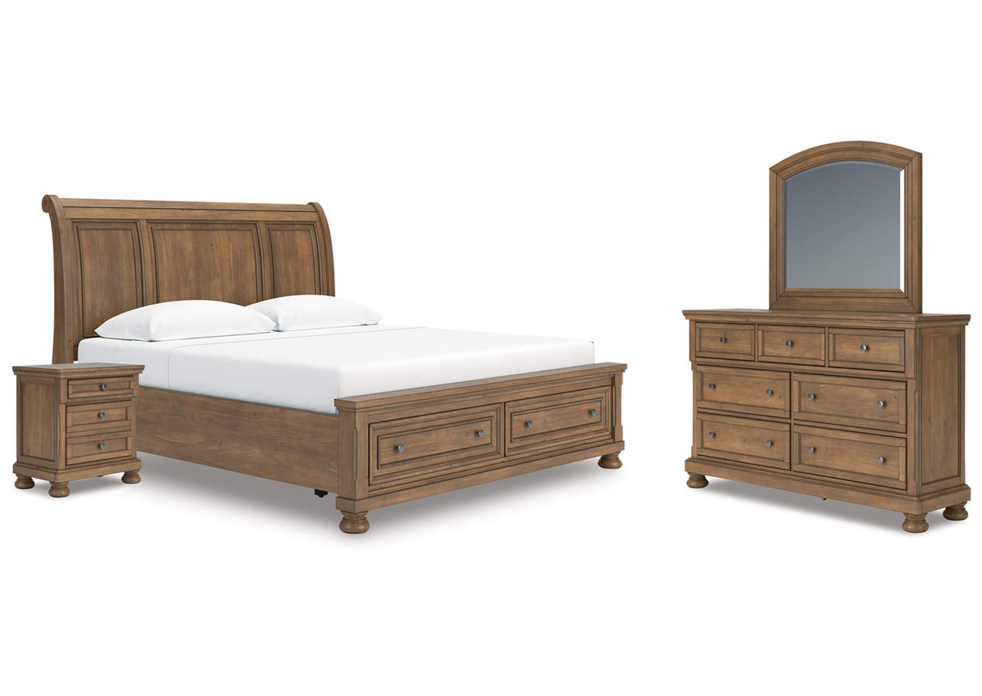 Vandenmore King Storage Sleigh Bed with Mirrored Dresser and Nightstand image 1