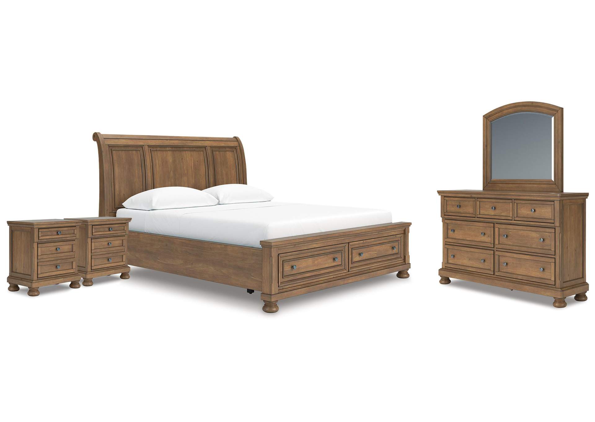 Vandenmore California King Storage Sleigh Bed with Mirrored Dresser and 2 Nightstands image 1