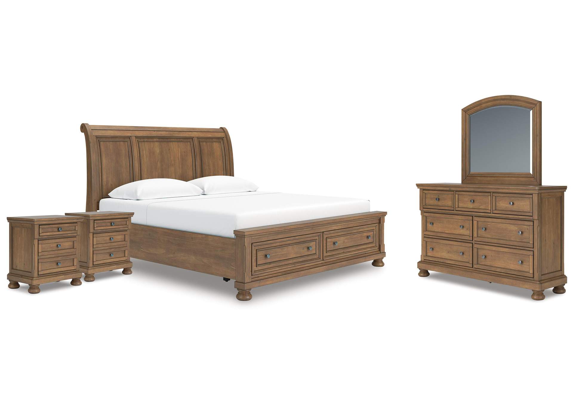 Vandenmore King Storage Sleigh Bed with Mirrored Dresser and 2 Nightstands image 1