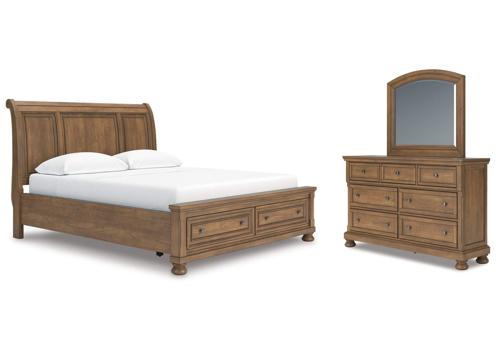 Vandenmore California King Storage Sleigh Bed with Mirrored Dresser image 1