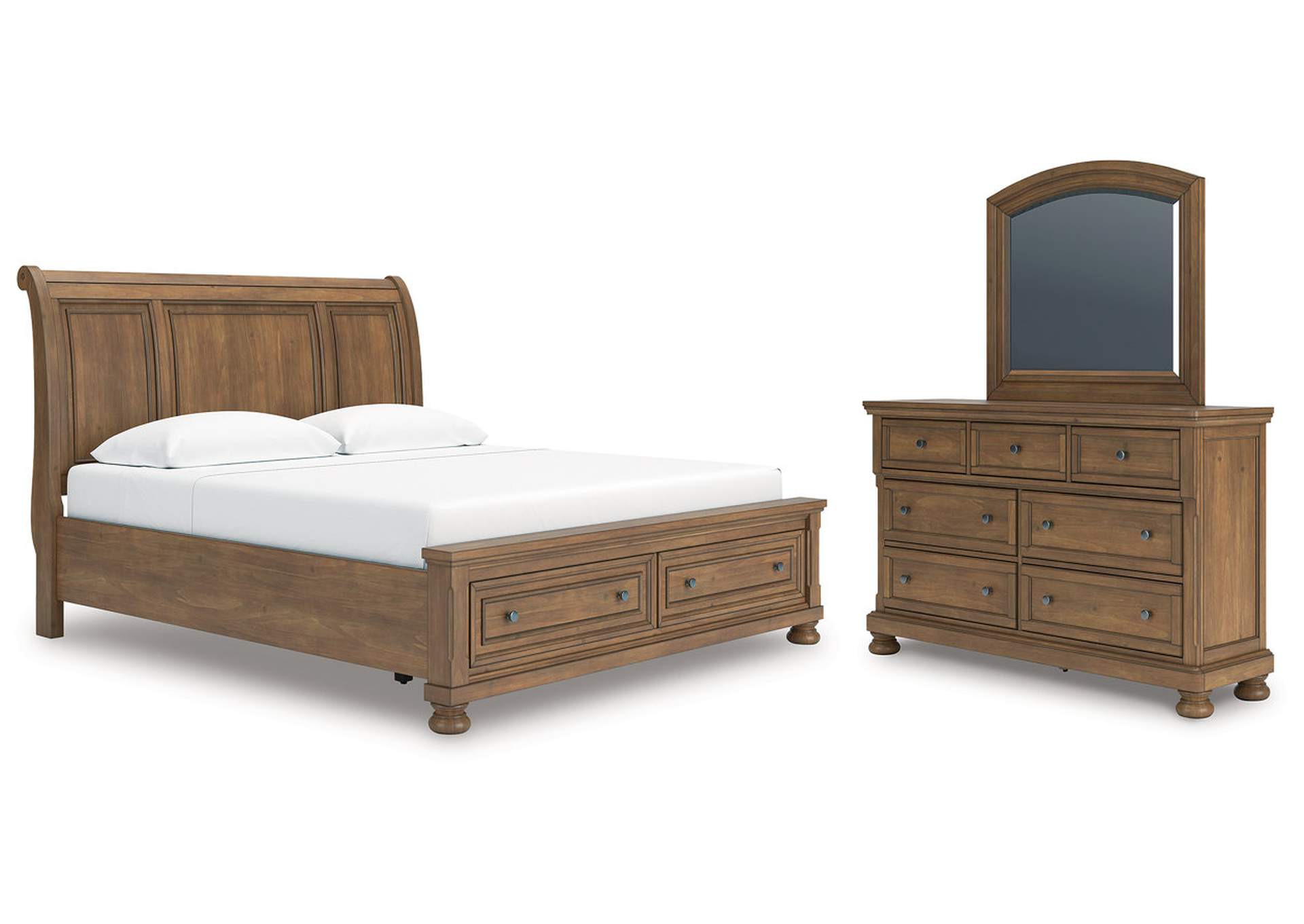 Vandenmore King Storage Sleigh Bed with Mirrored Dresser image 1
