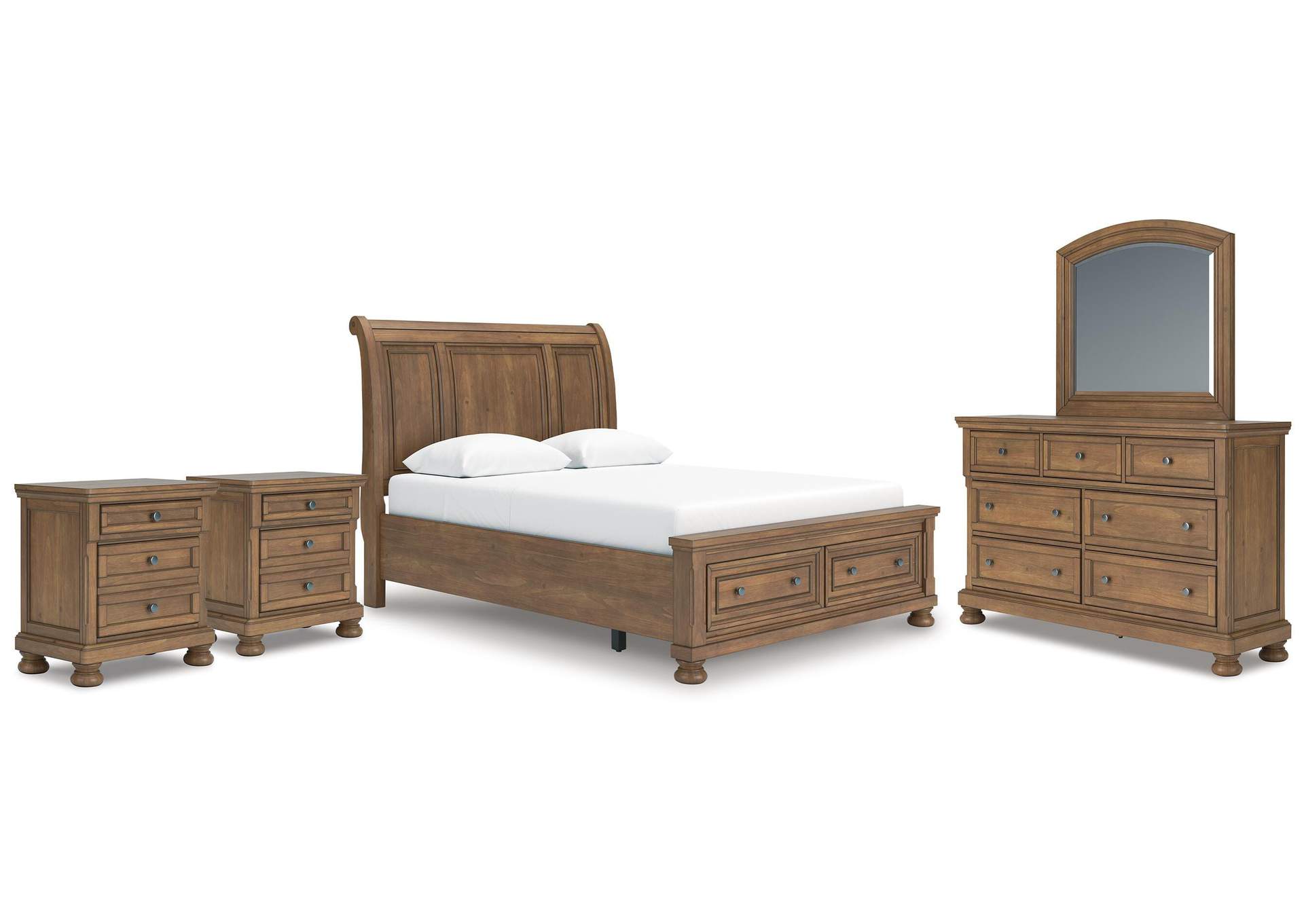 Vandenmore Queen Storage Sleigh Bed with Mirrored Dresser and 2 Nightstands image 1