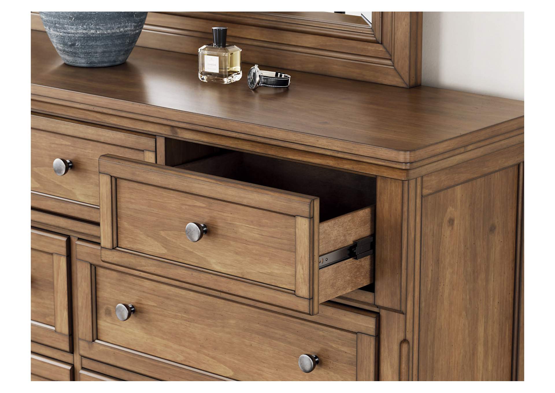 Vandenmore King Storage Sleigh Bed with Mirrored Dresser and Chest image 10