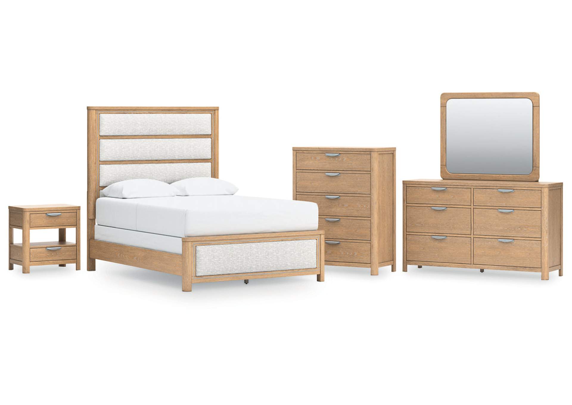 Rencott Queen Upholstered Bed with Mirrored Dresser, Chest and Nightstand image 1