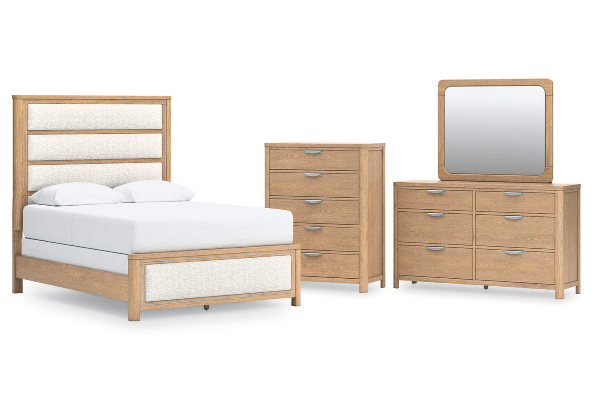 Rencott Queen Upholstered Bed with Mirrored Dresser and Chest image 1