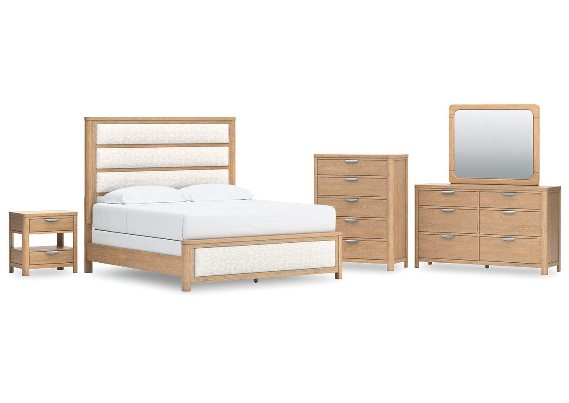 Rencott King Upholstered Bed with Mirrored Dresser, Chest and Nightstand image 1