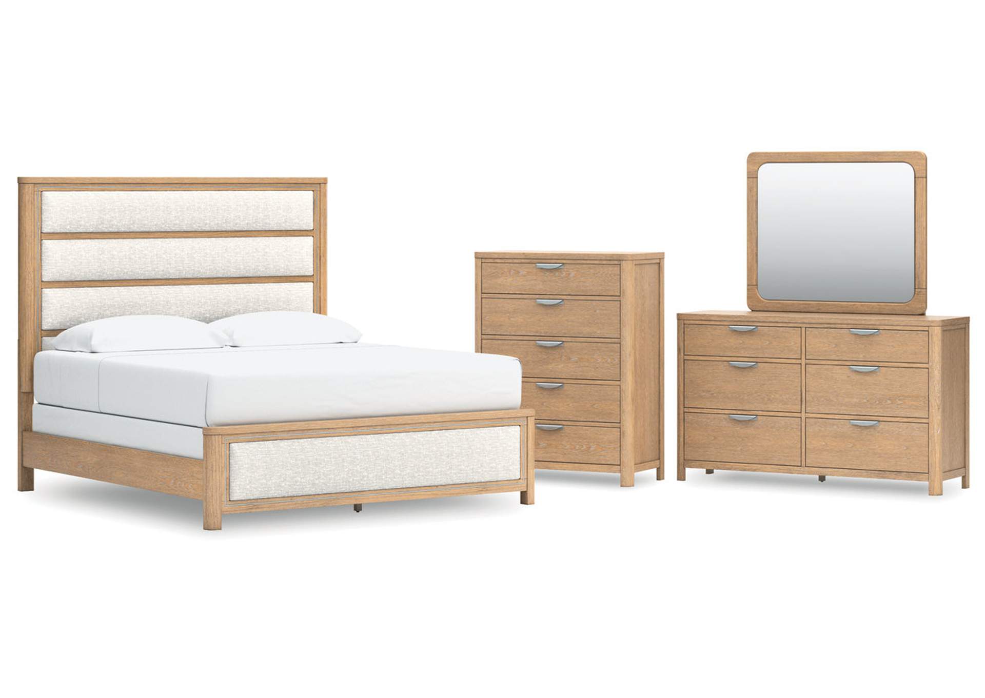 Rencott King Upholstered Bed with Mirrored Dresser and Chest image 1