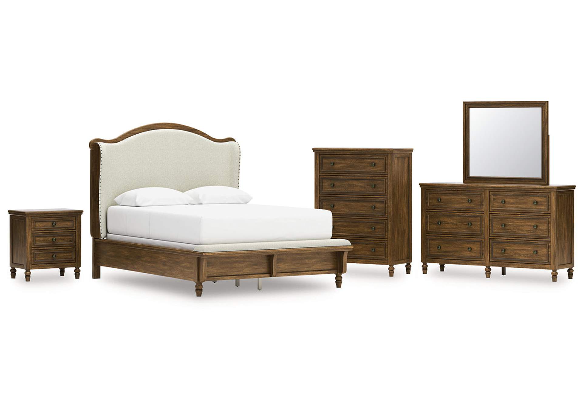 Sturlayne Queen Upholstered Panel Bed with Mirrored Dresser, Chest and Nightstand image 1