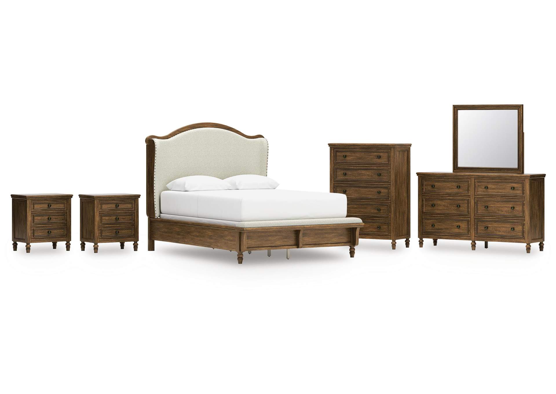 Sturlayne Queen Upholstered Panel Bed, Dresser, Mirror, Chest and 2 Nightstands image 1
