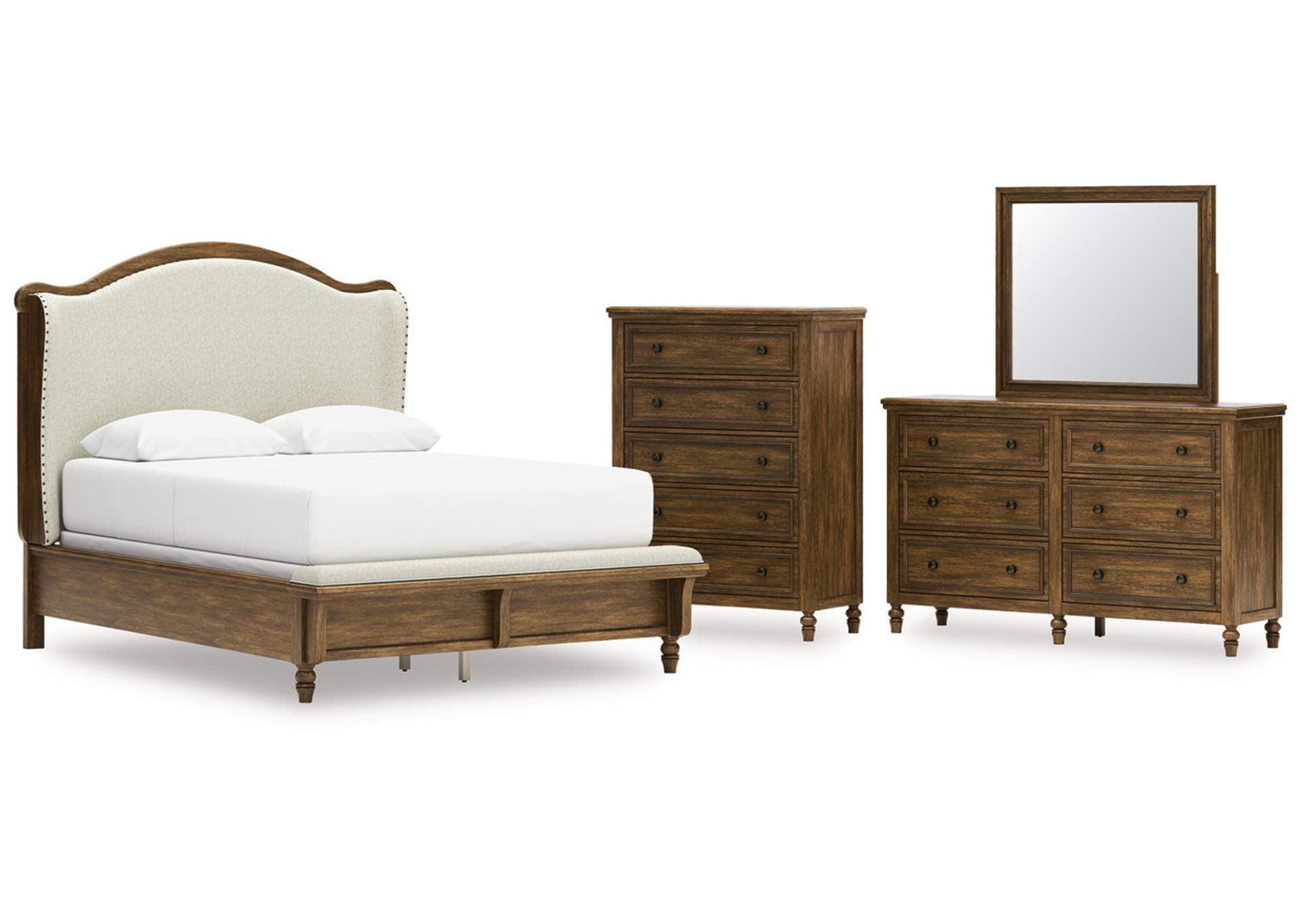 Sturlayne Queen Upholstered Panel Bed with Mirrored Dresser and Chest image 1
