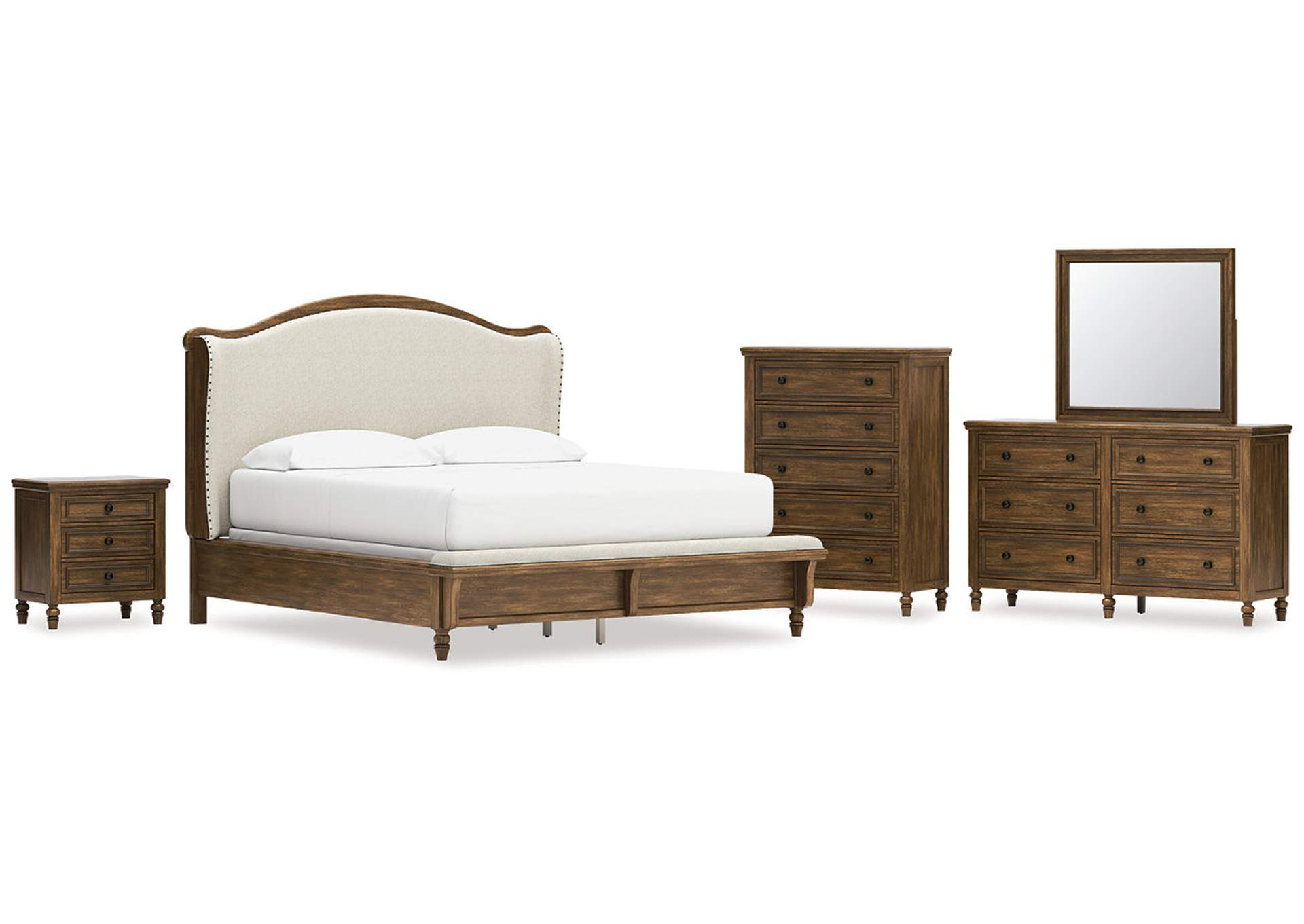 Sturlayne California King Upholstered Panel Bed with Mirrored Dresser, Chest and Nightstand image 1