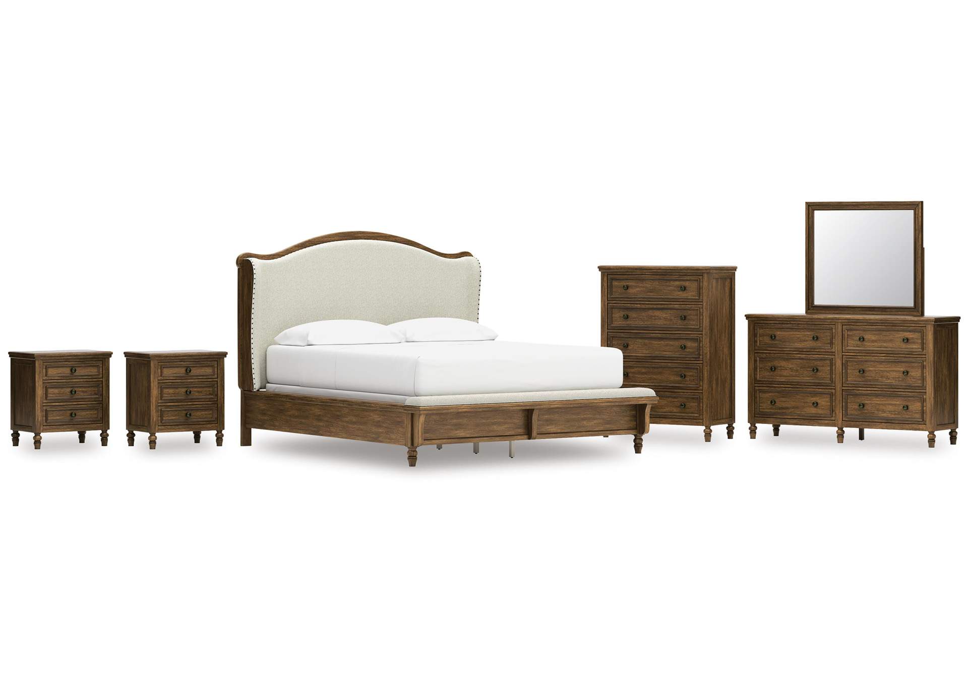 Sturlayne California King Upholstered Panel Bed, Dresser, Mirror, Chest and 2 Nightstands image 1