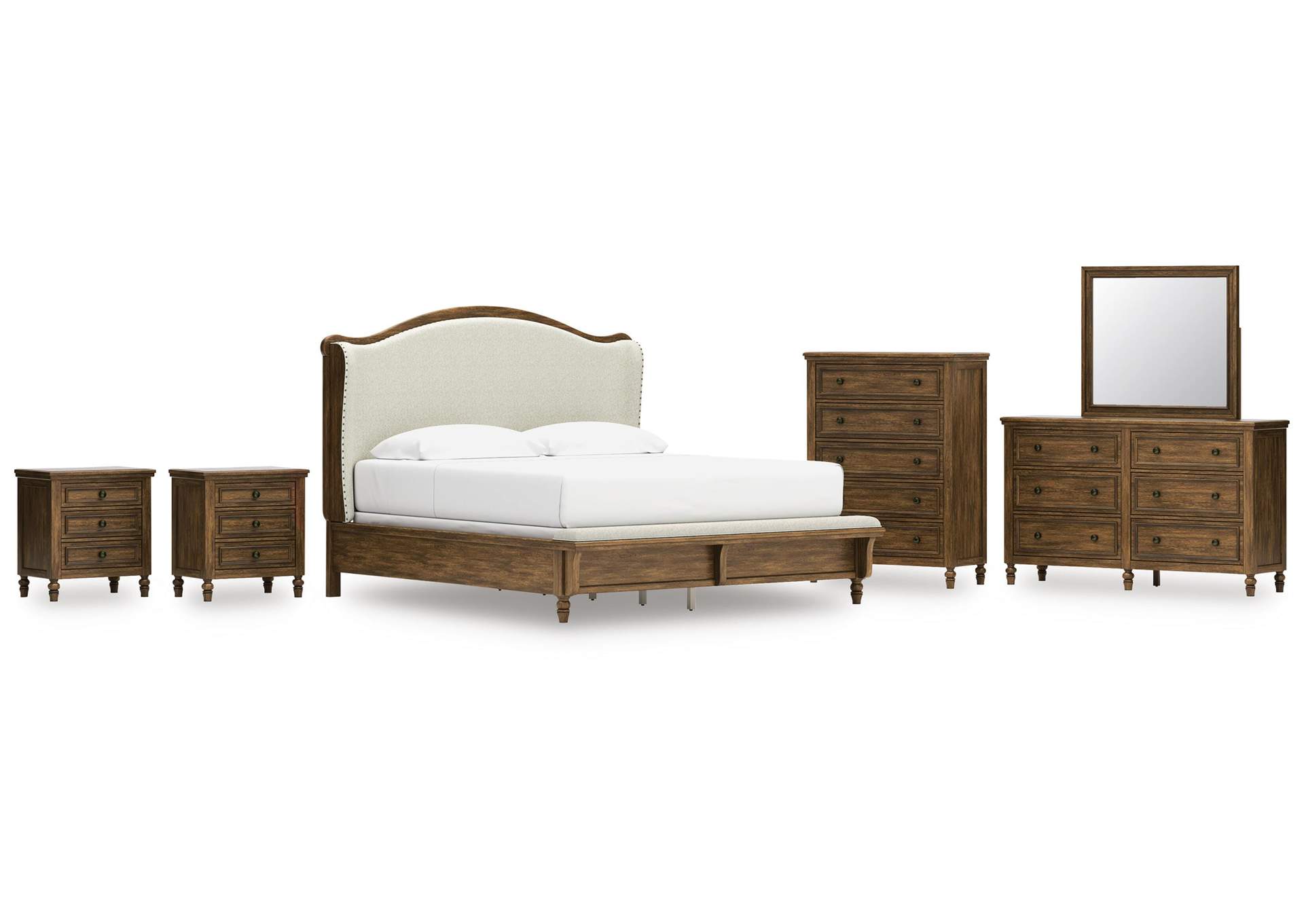 Sturlayne King Upholstered Panel Bed, Dresser, Mirror, Chest and 2 Nightstands image 1