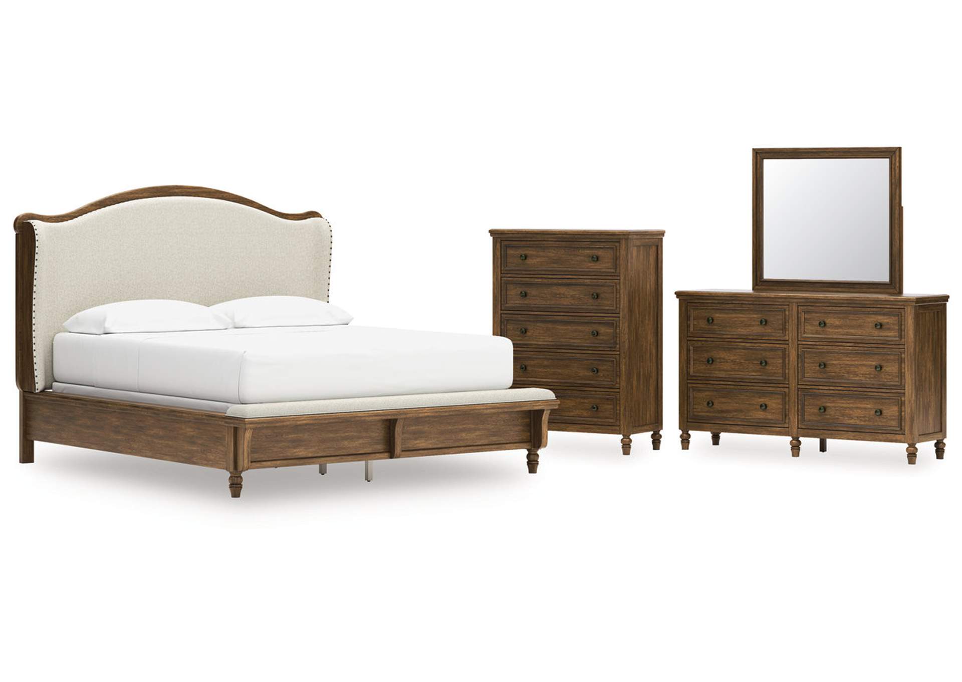 Sturlayne California King Upholstered Panel Bed with Mirrored Dresser and Chest image 1