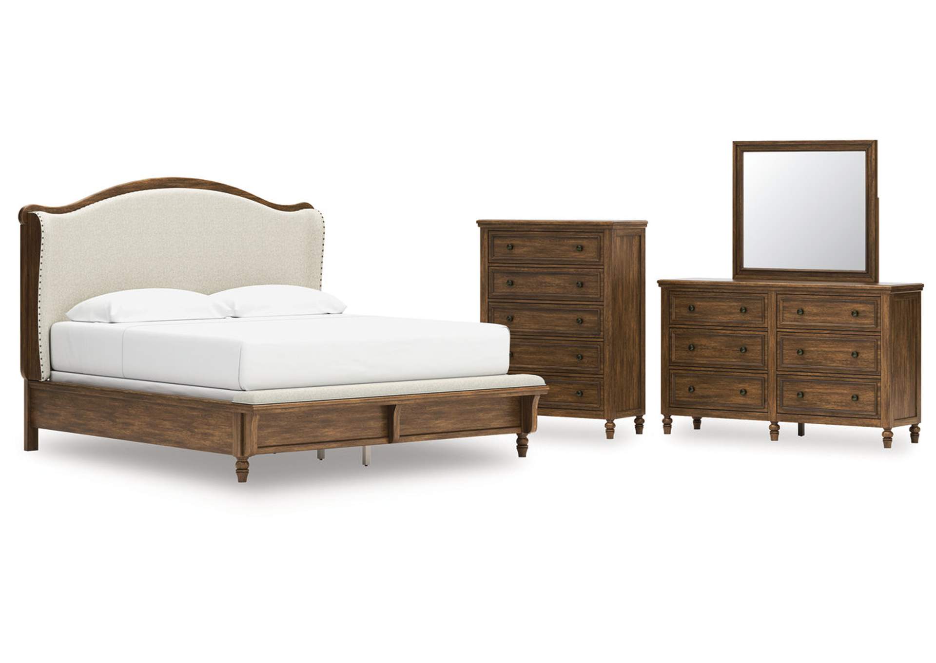 Sturlayne King Upholstered Panel Bed with Mirrored Dresser and Chest image 1