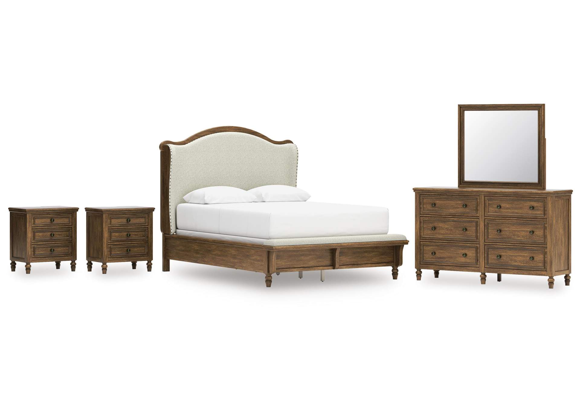 Sturlayne Queen Upholstered Panel Bed, Dresser, Mirror and 2 Nightstands image 1