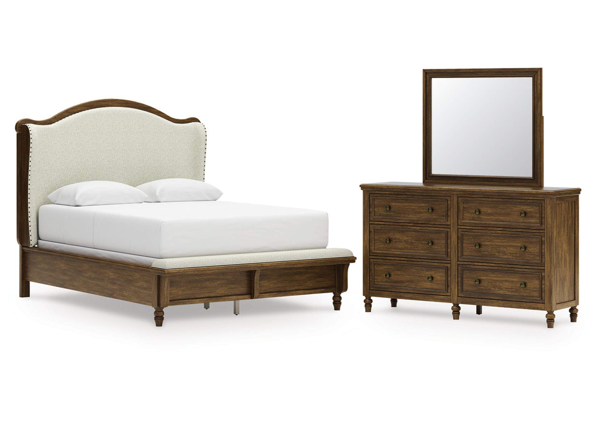 Sturlayne Queen Upholstered Panel Bed with Mirrored Dresser image 1