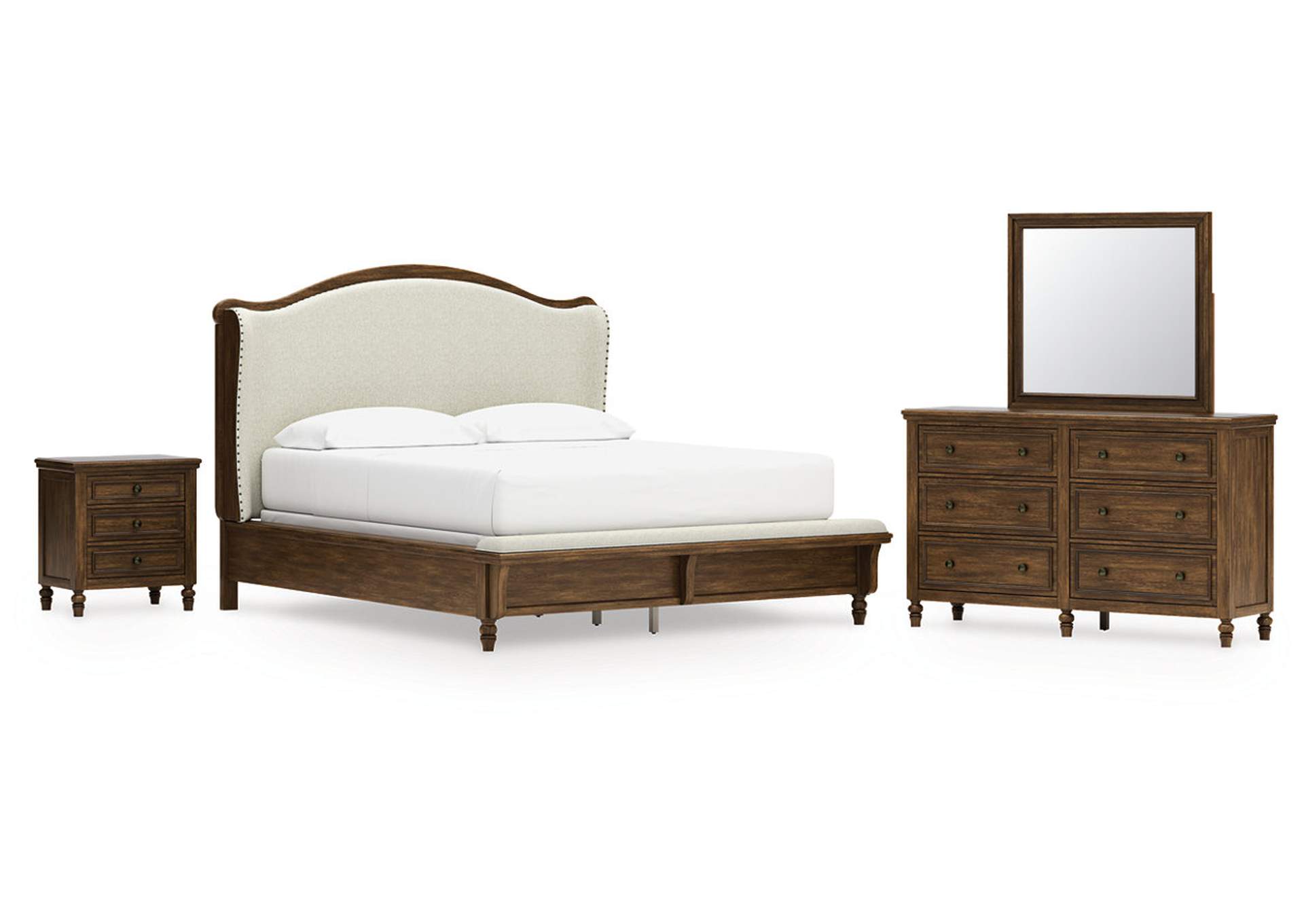 Sturlayne California King Upholstered Panel Bed with Mirrored Dresser and Nightstand image 1