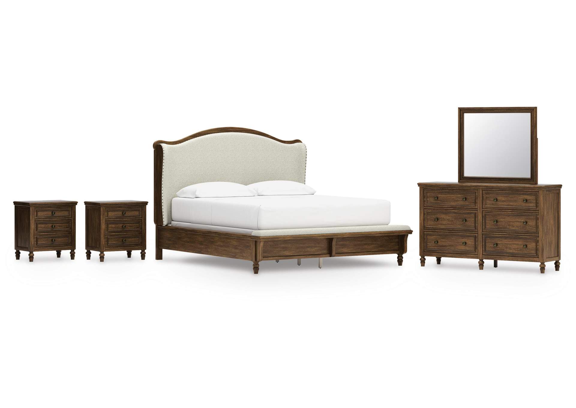 Sturlayne California King Upholstered Panel Bed, Dresser, Mirror and 2 Nightstands image 1